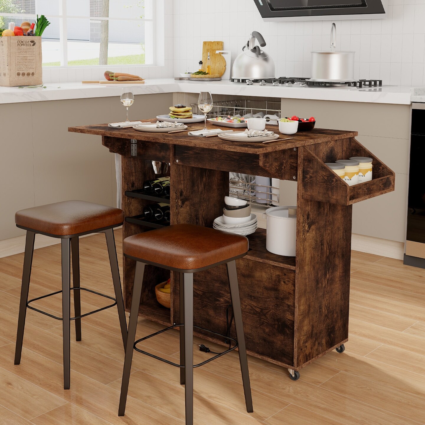 Kitchen Island Cart, Engineered Wood, Wine Rack, USB and AC Charging, Lockable Wheels