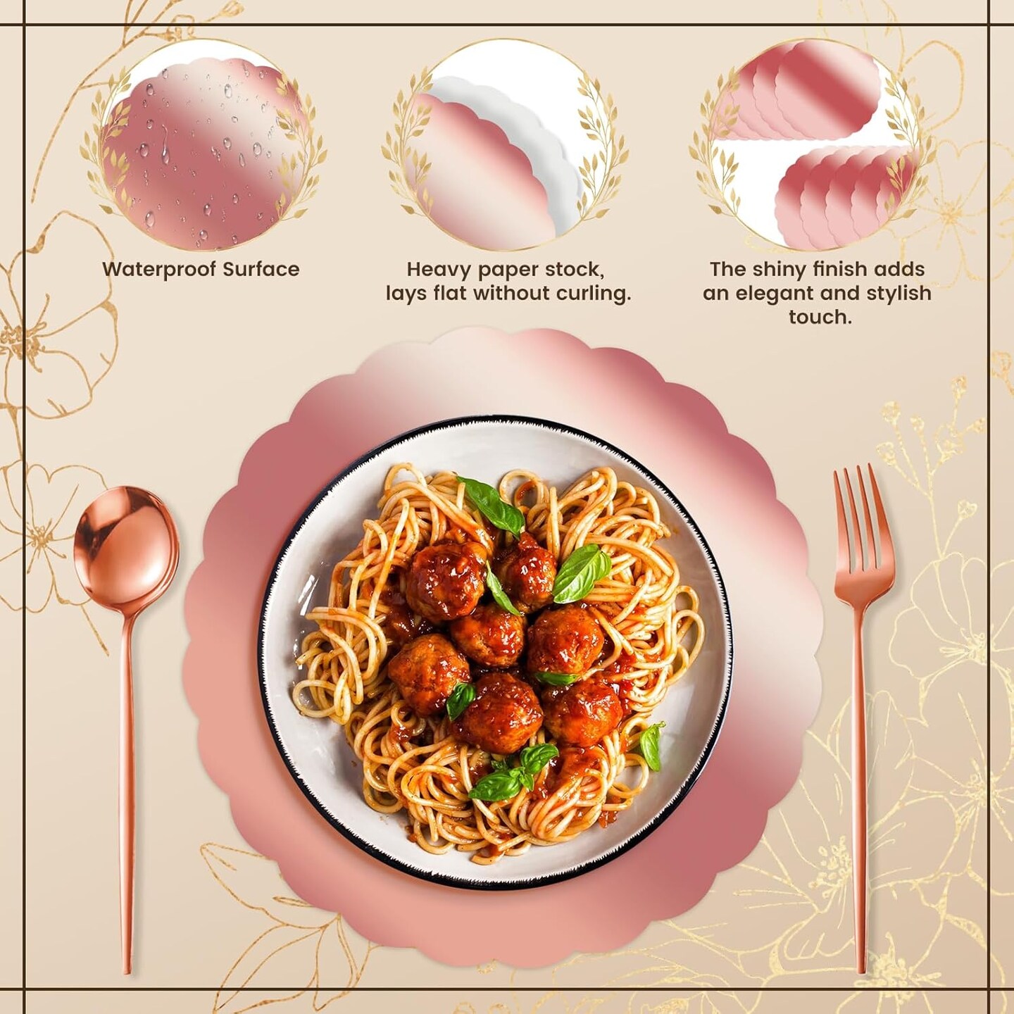 50PCS Rose Gold Round Disposable Paper Placemats - Elegant Table Decor