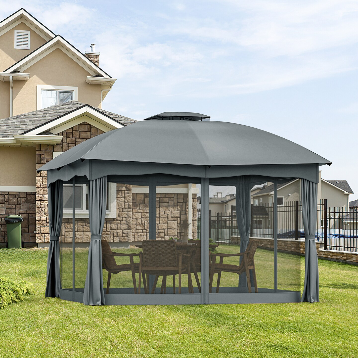 Polyester and Steel Gazebo with Mesh Walls, Curtains and Double Roof
