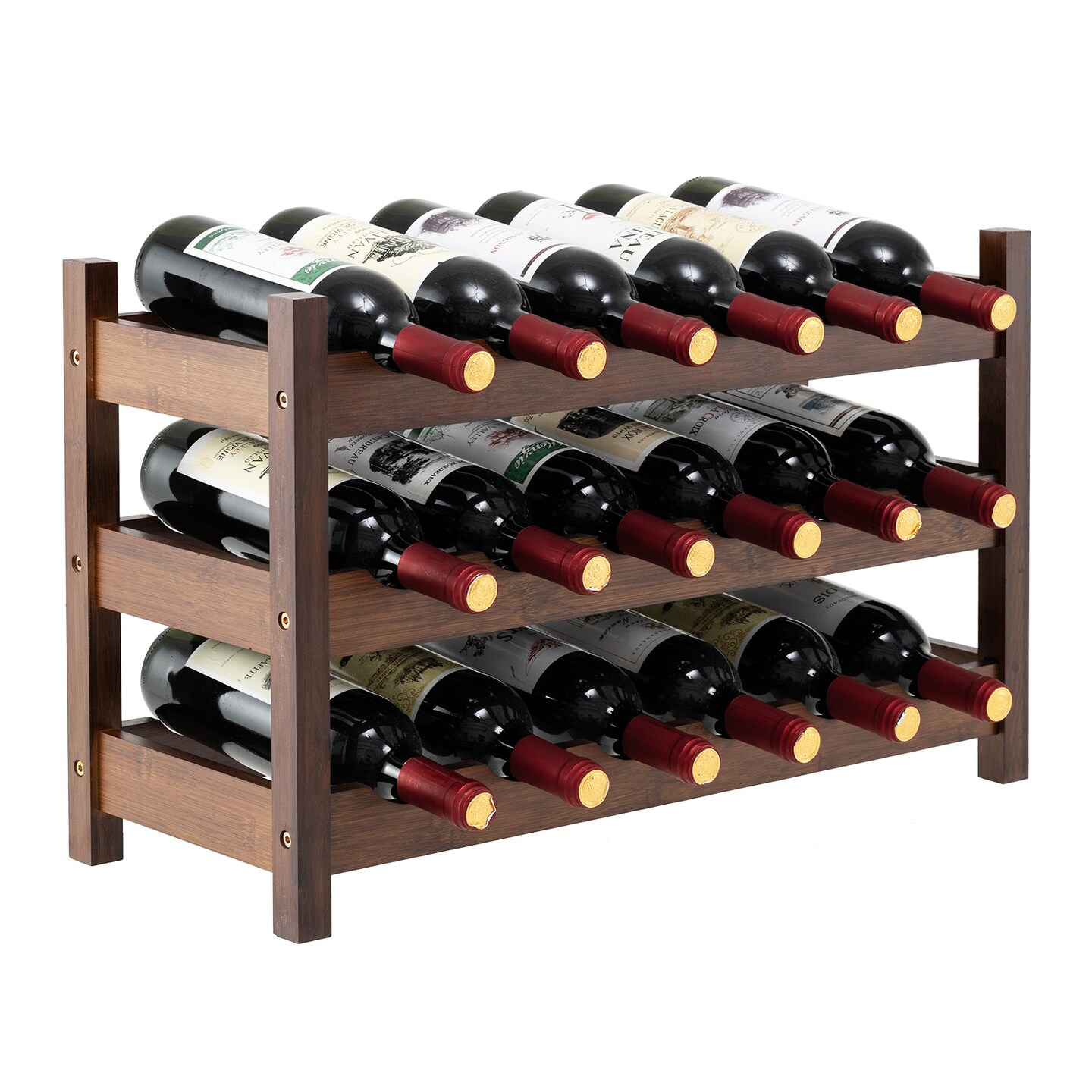 3-Tier Wine Rack Holds 18 Bottles with PU Coating and Anti-Slip Feet