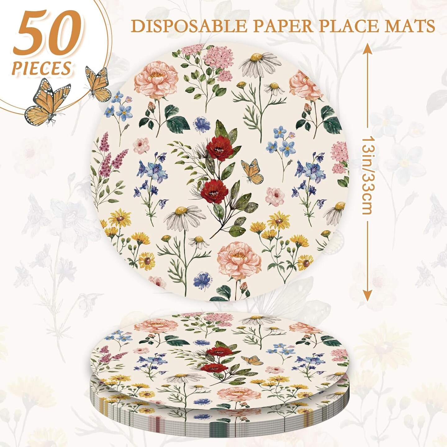 50Pcs Floral Round Paper Placemat Wildflower Disposable Place Mat Retro Floral Decorative Paper Table Mat for Spring Wedding Bridal Shower Party Table Setting, 13 x 13 Inch
