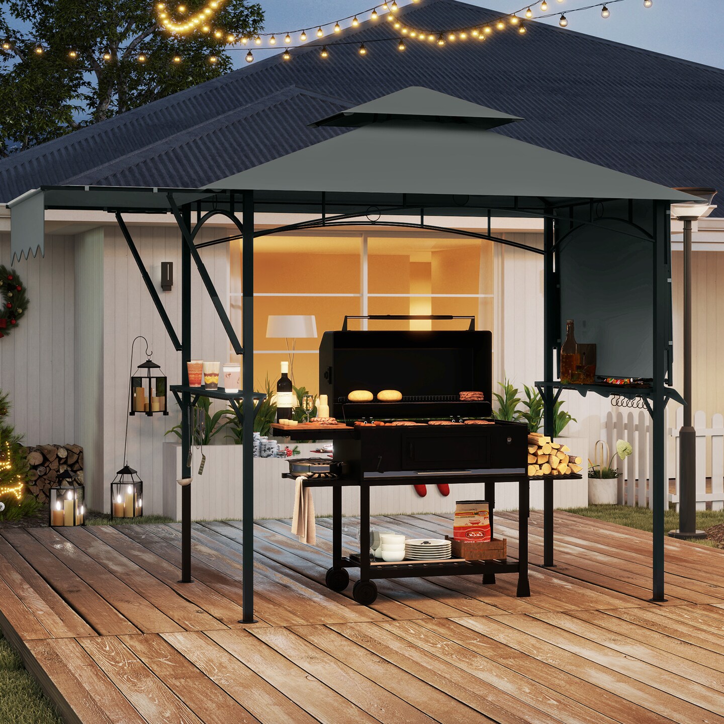 13 x 5 Feet Dual Side Awnings Grill Gazebo with 2 Shelves Adjustable Shadow and Metal Frame