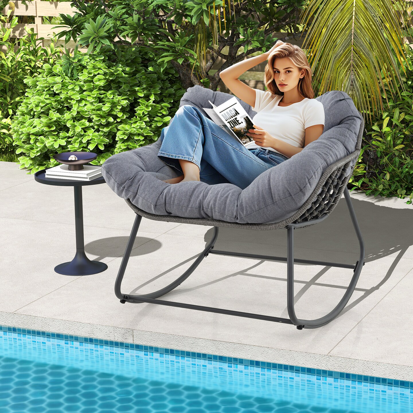 Rattan Metal Rocking Egg Chair with Cushion for Patio and Indoor