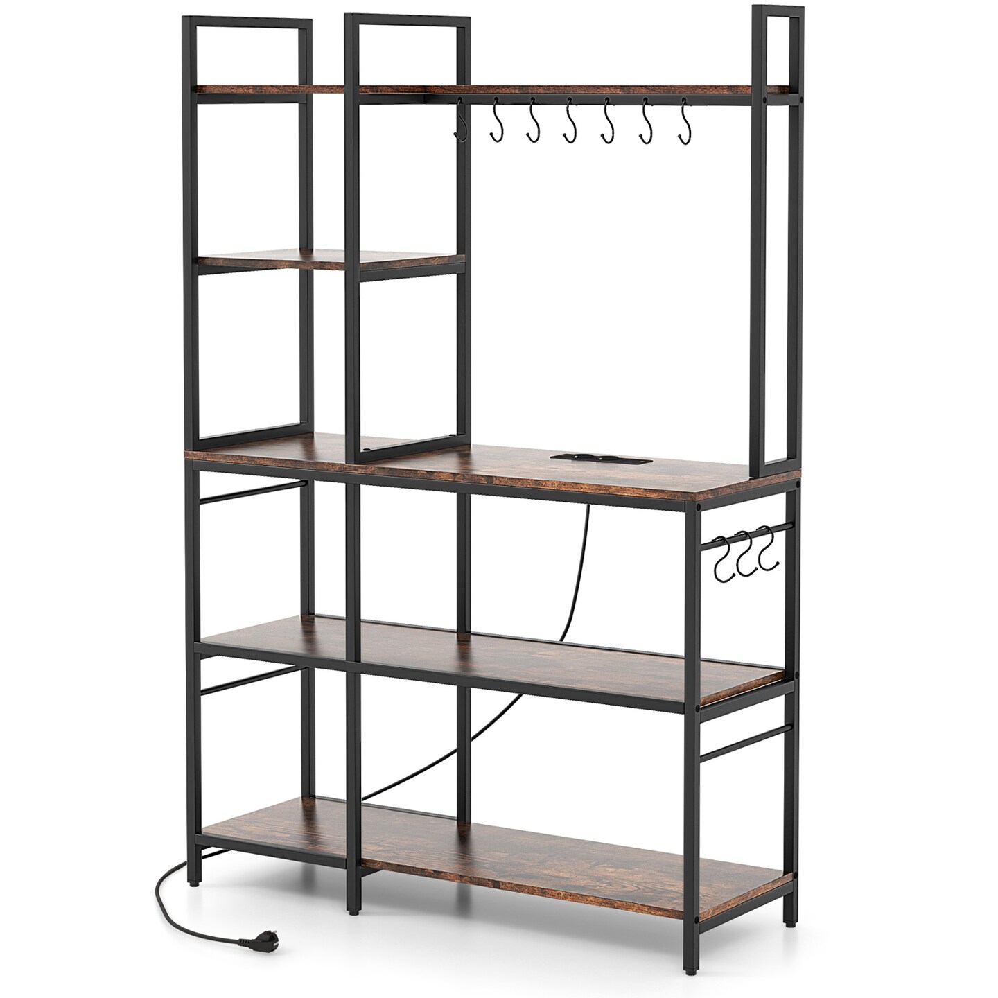 Metal and Wood Kitchen Backers Rack with Charging Ports, 5 Tiers and Anti-Tip Safety