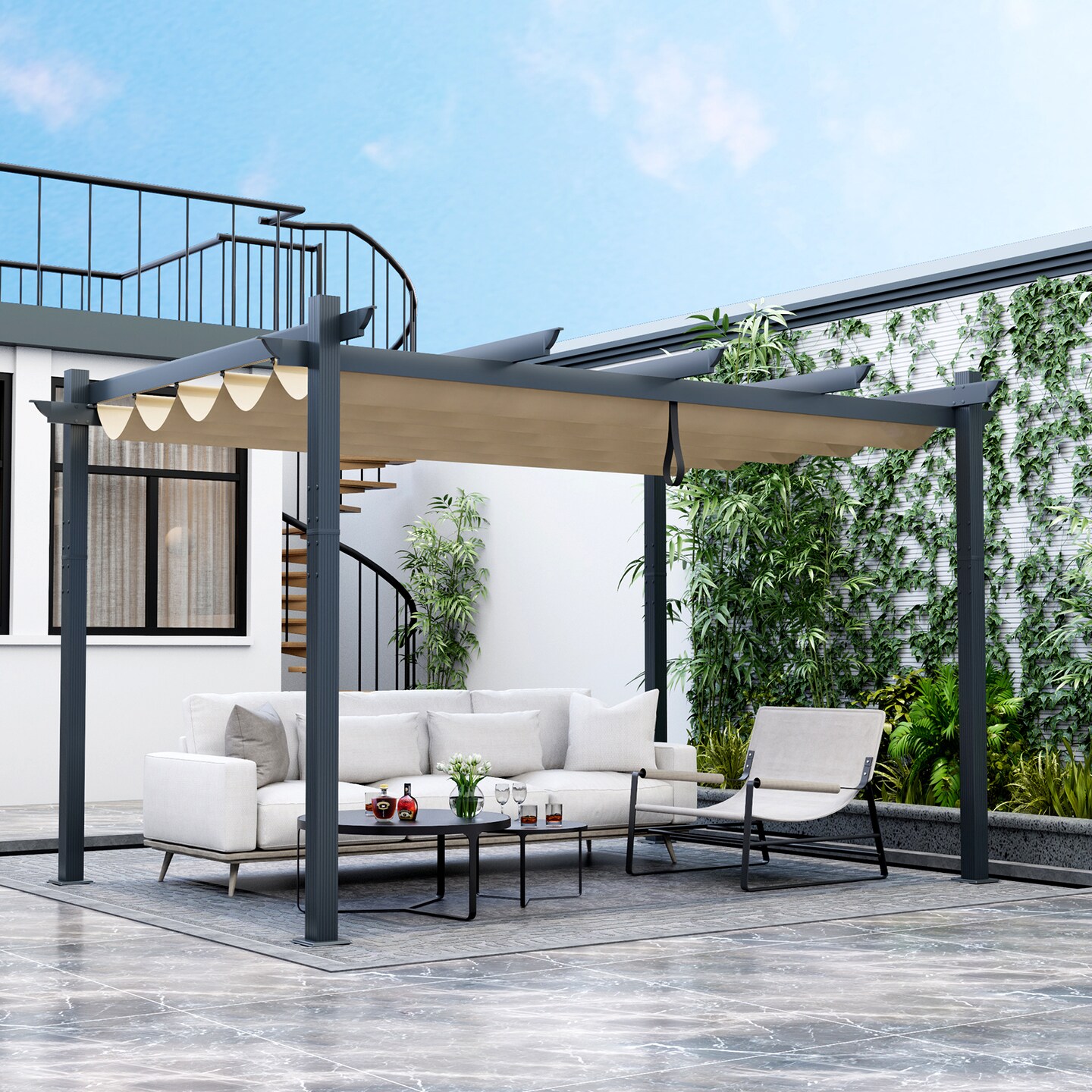 Retractable Pergola with Aluminum Frame and Sun Shelter
