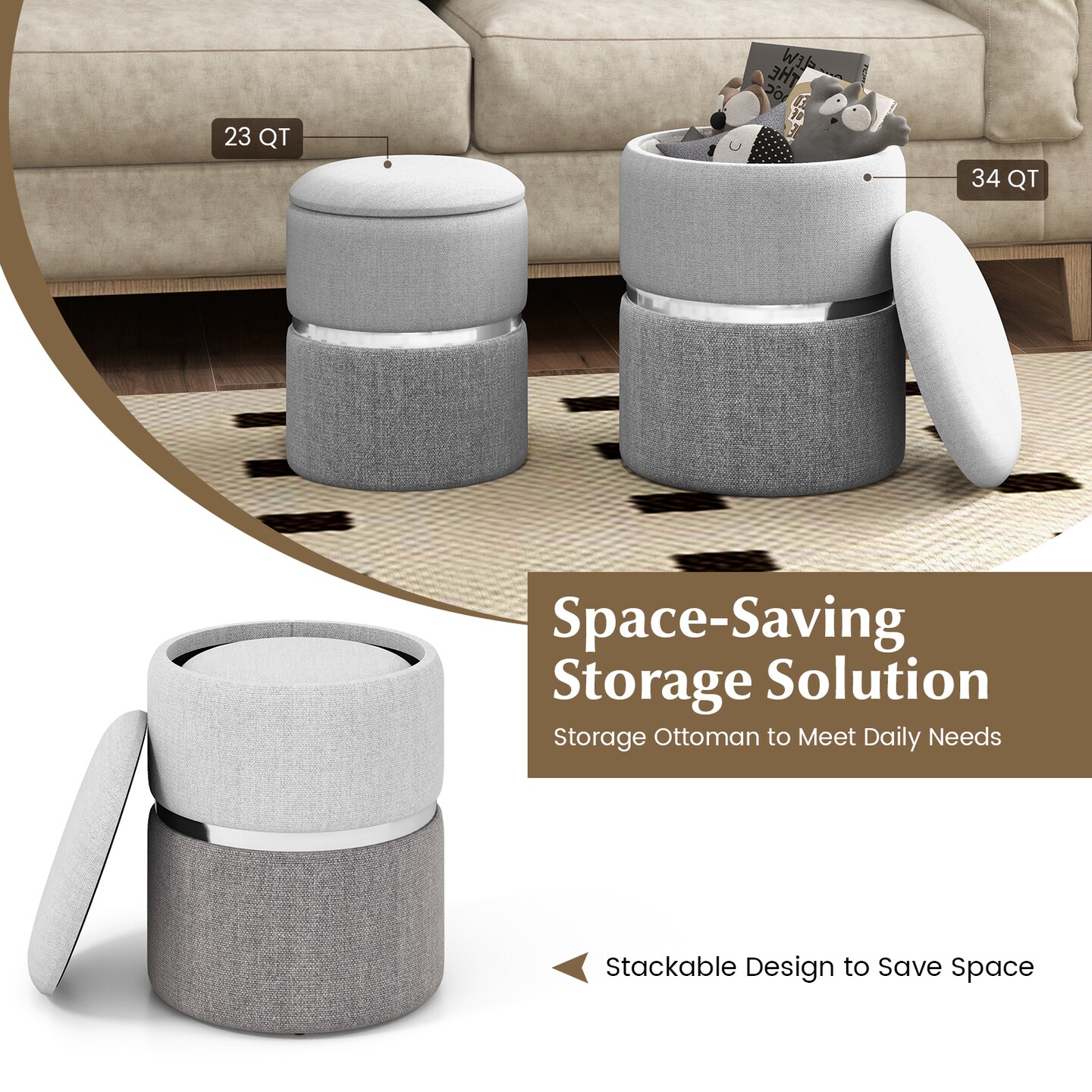 Set of 2 Stackable Velvet/Linen Storage Ottomans with Reversible Tabletop Lid