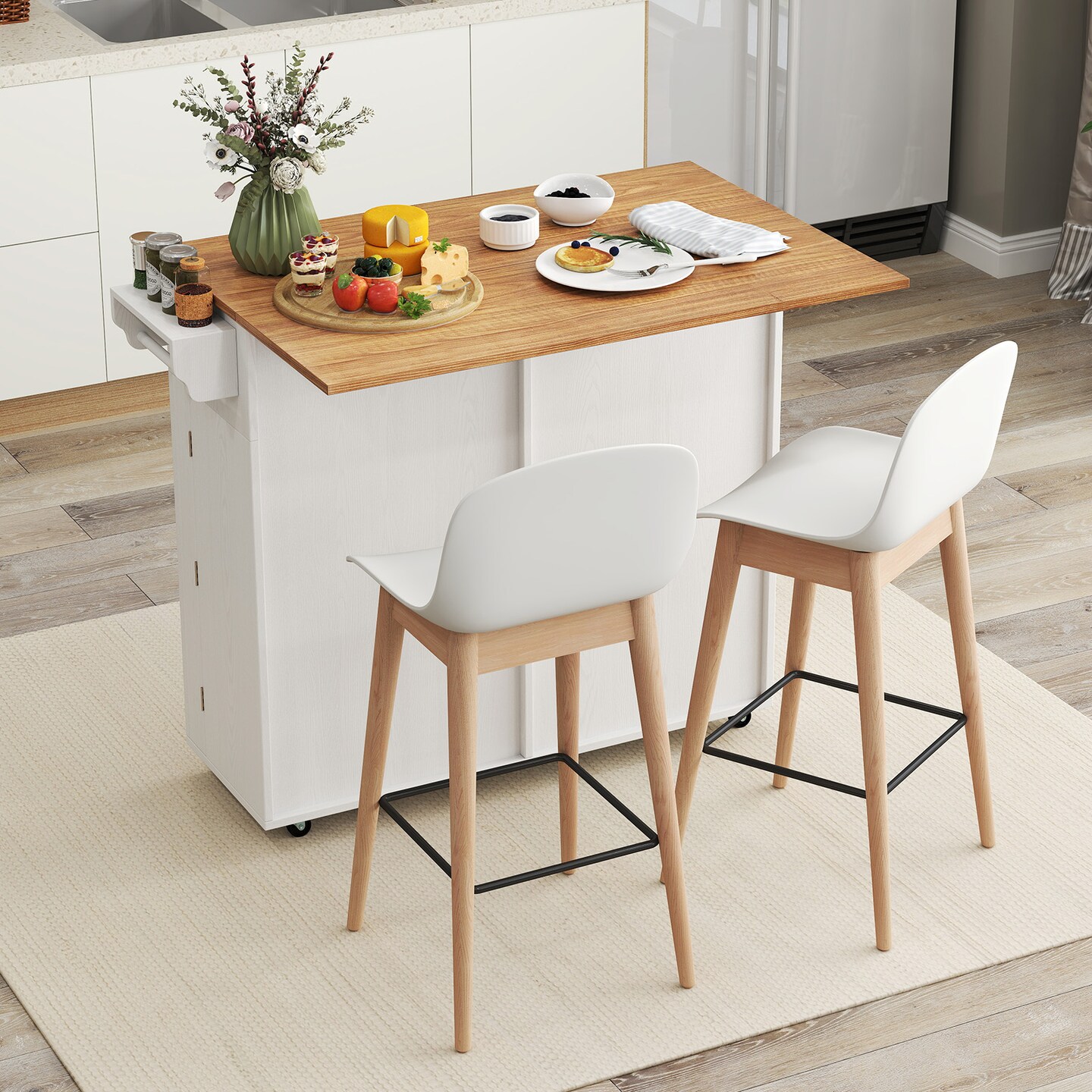 MDF Kitchen Island Cart with Drop Leaf, Trash Cabinet, Drawers and Lockable Wheels