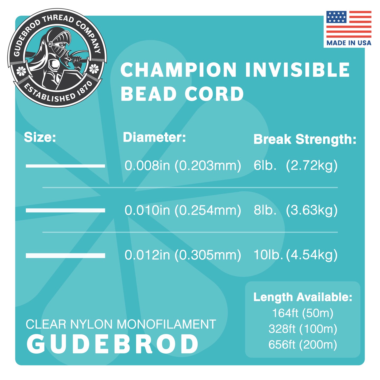Gudebrod 0.008" Monofilament Champion Invisible Clear Cord | Made in USA