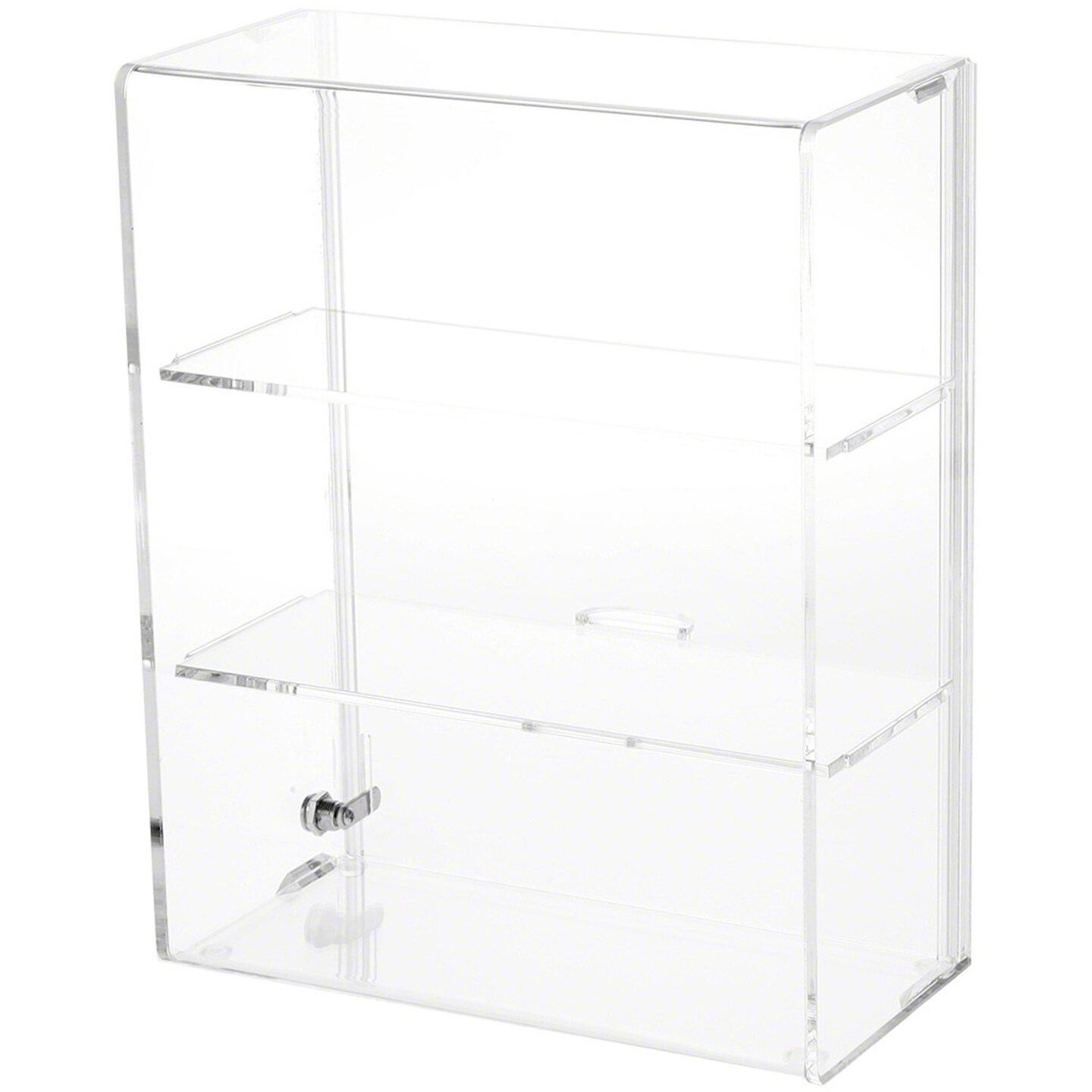 Plymor Clear Acrylic Locking Display Case with Sliding Back, 2 Shelves