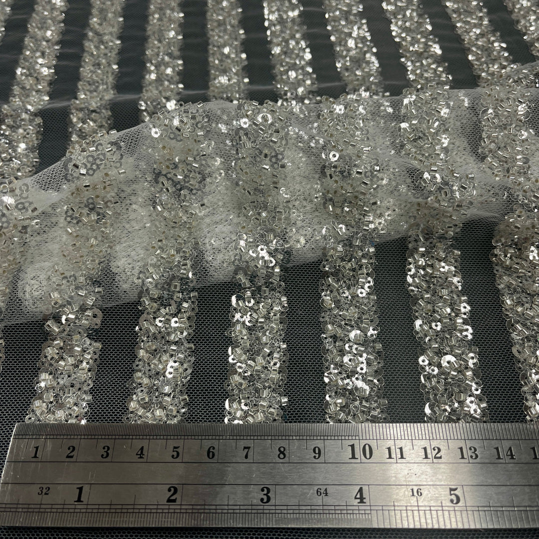 1 Yard Blush Beaded Lace Embroidered Fabric on Polyester Mesh, 54" Wide