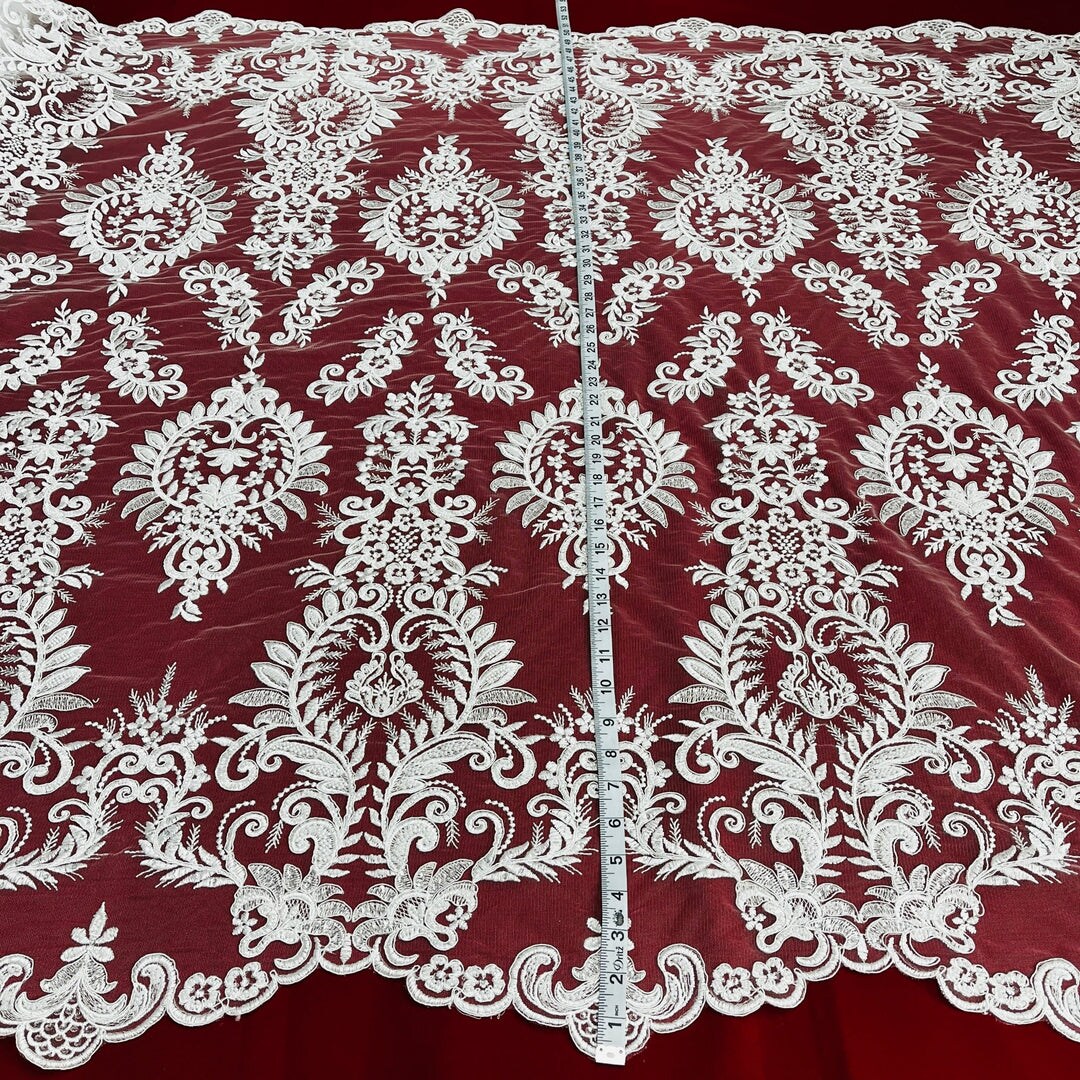 1 Yard Gold Beaded & Corded Bridal Lace Fabric, Embroidered on 100% Polyester Mesh, 52” Width