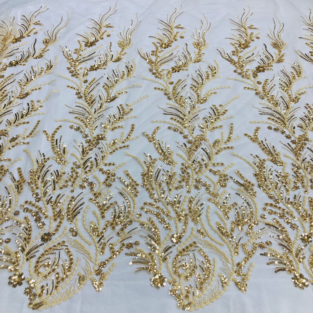 1 Yard Gold Beaded Lace Fabric Embroidered on Polyester Mesh, 51" Wide, Elegant Bridal & Formalwear Fabrication