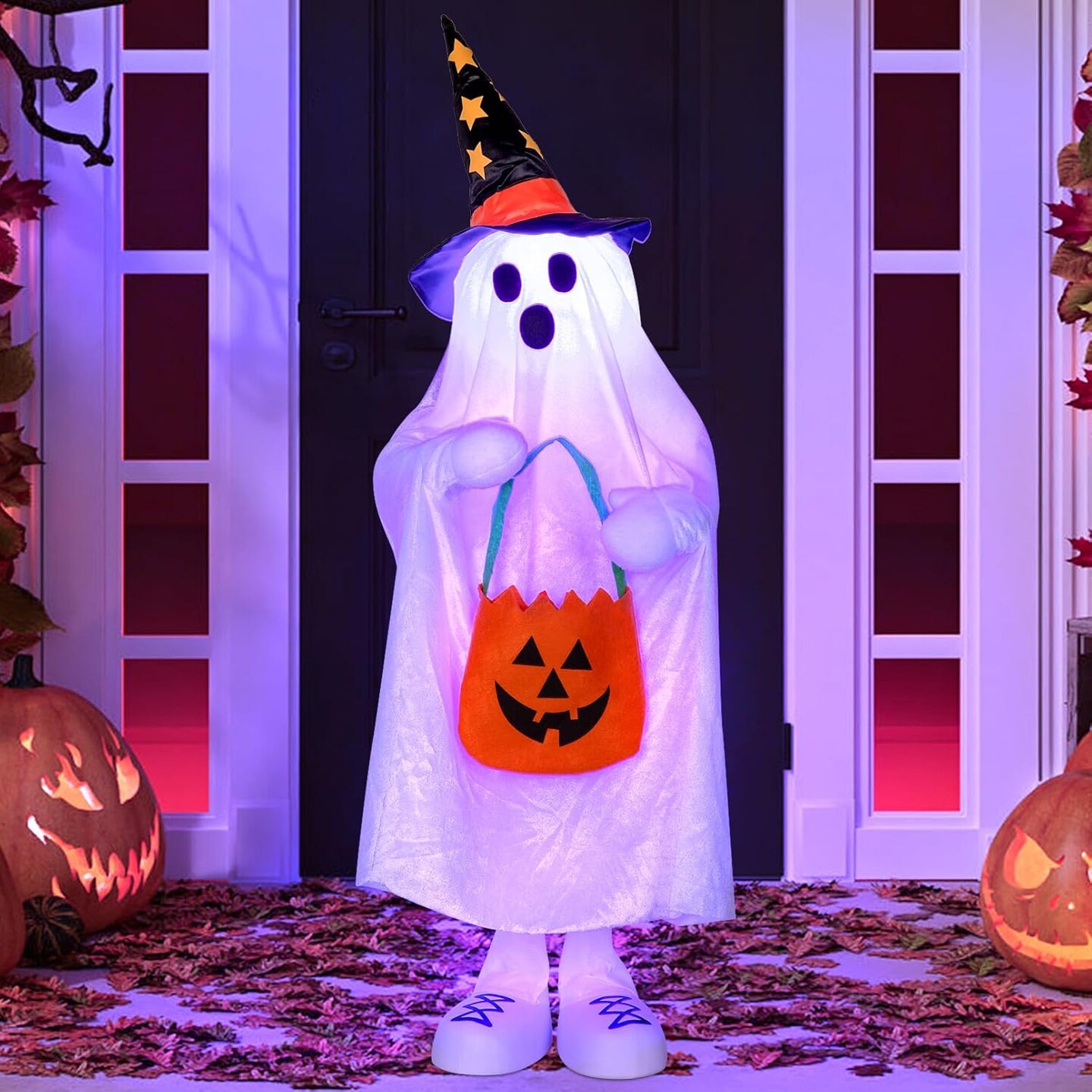 hanging Spooky Ghost Porch Decorations Trick or Treater with Candy Pocket (White) 10 x 10 x 38 inches