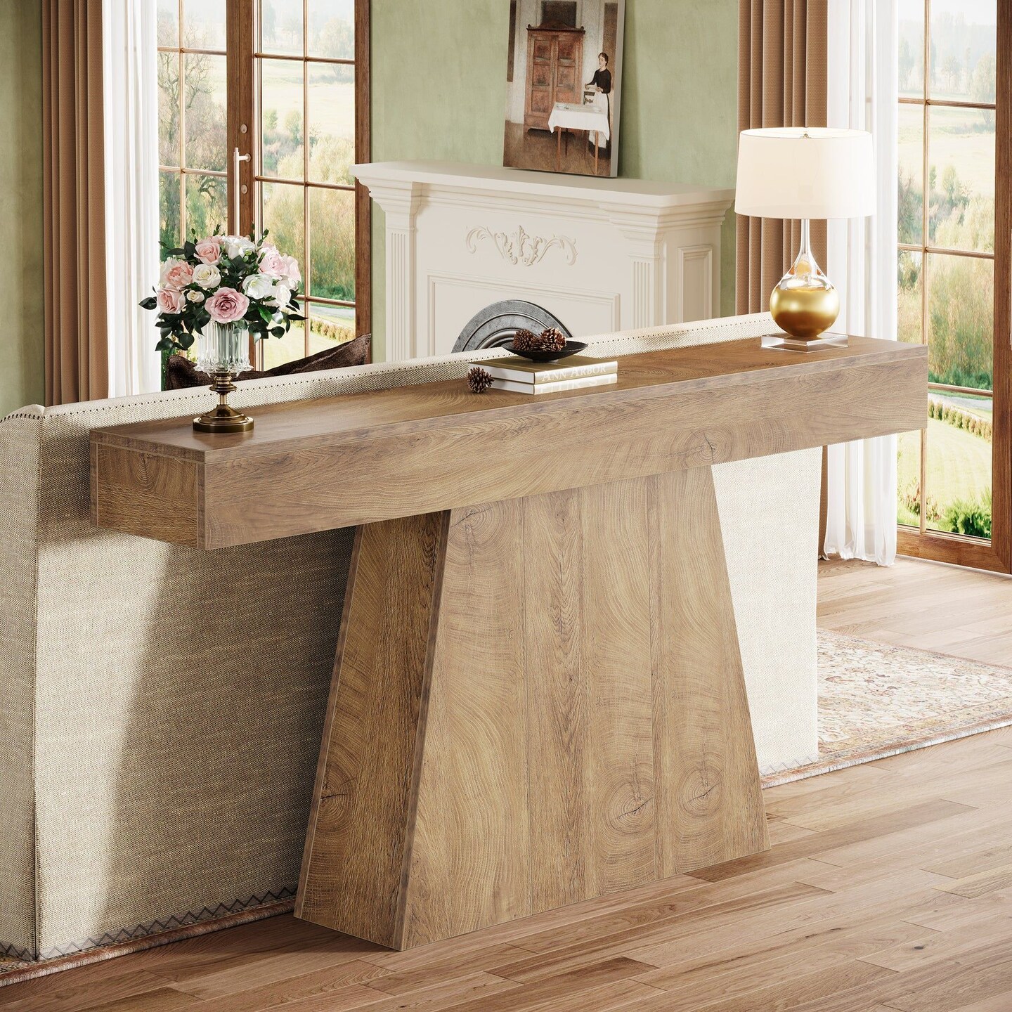 63" Entryway Sofa Table Farmhouse Console with Trapezoid Frame