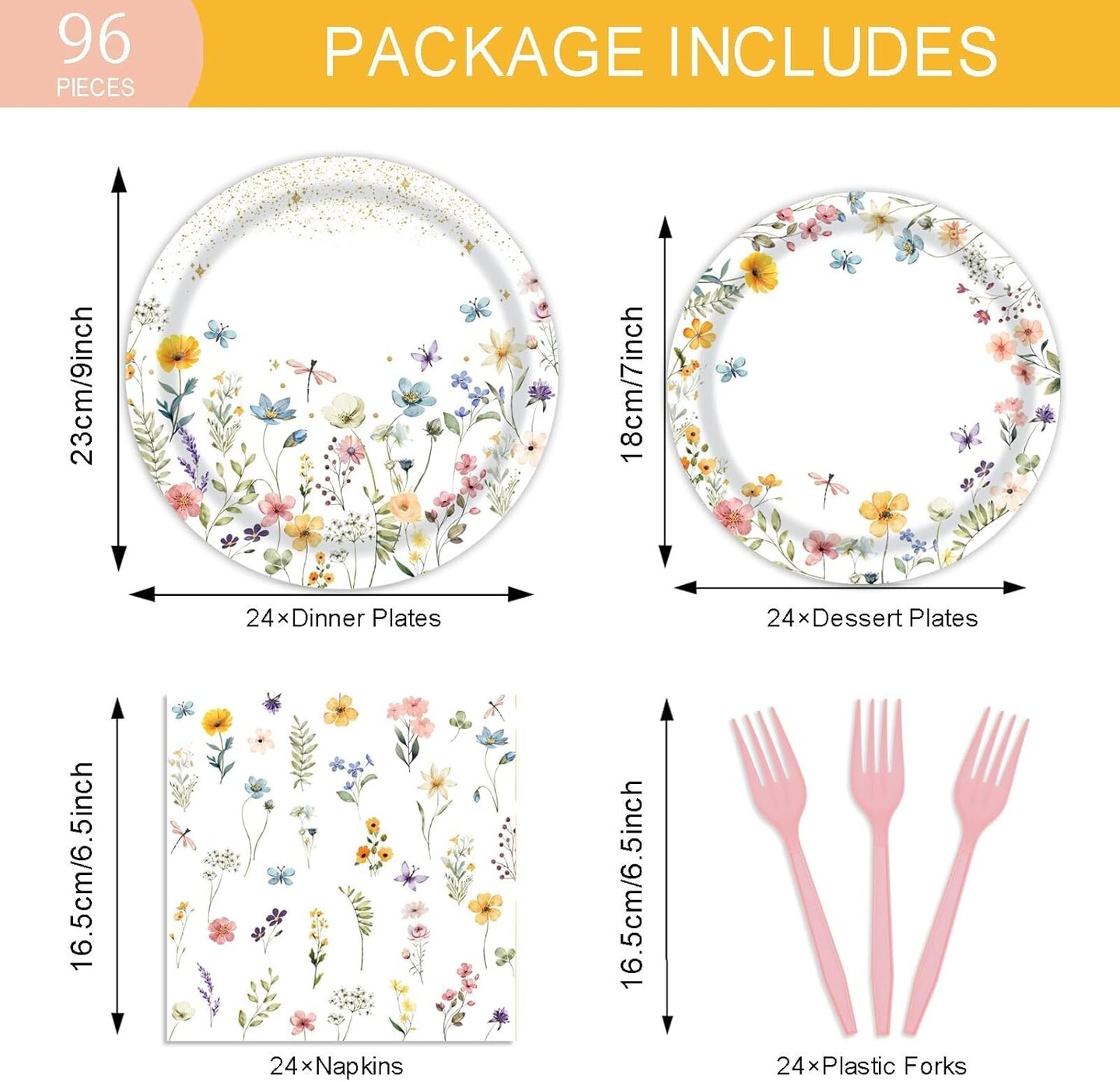 96 Pcs Wildflower Baby Shower Tableware Sets - Serve 24 Guests (Multicolor)