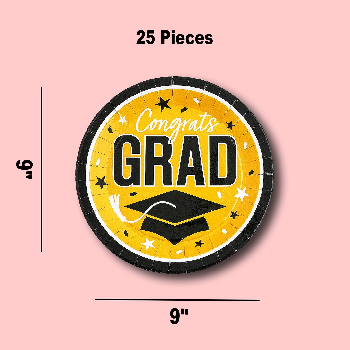 25 Count Yellow Congrats Grad Paper Plates 9 Inch Graduation Decor for Bright Party Vibes