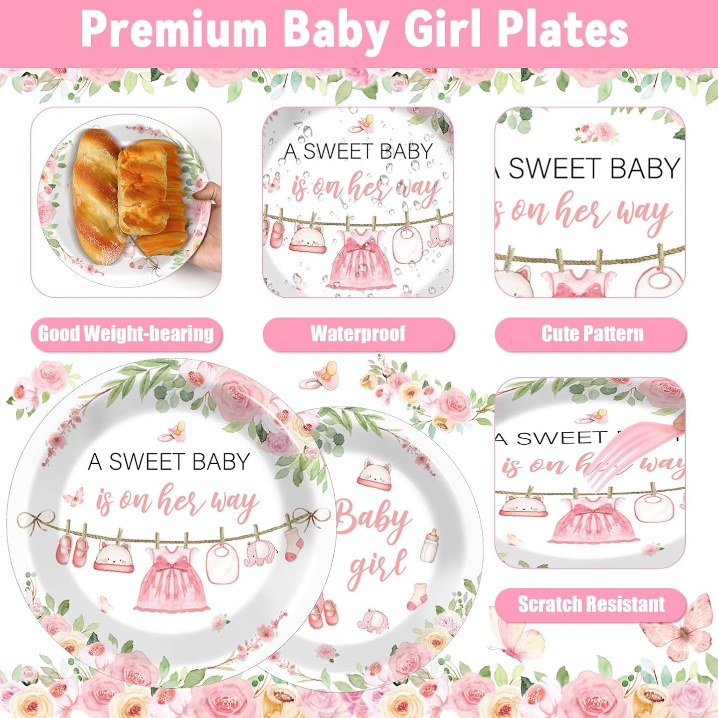 200Pcs Floral Girl Baby Shower Tableware Sets - Serves 50 (Pink) 9.06"L x 9.06"W x 0.04"Th