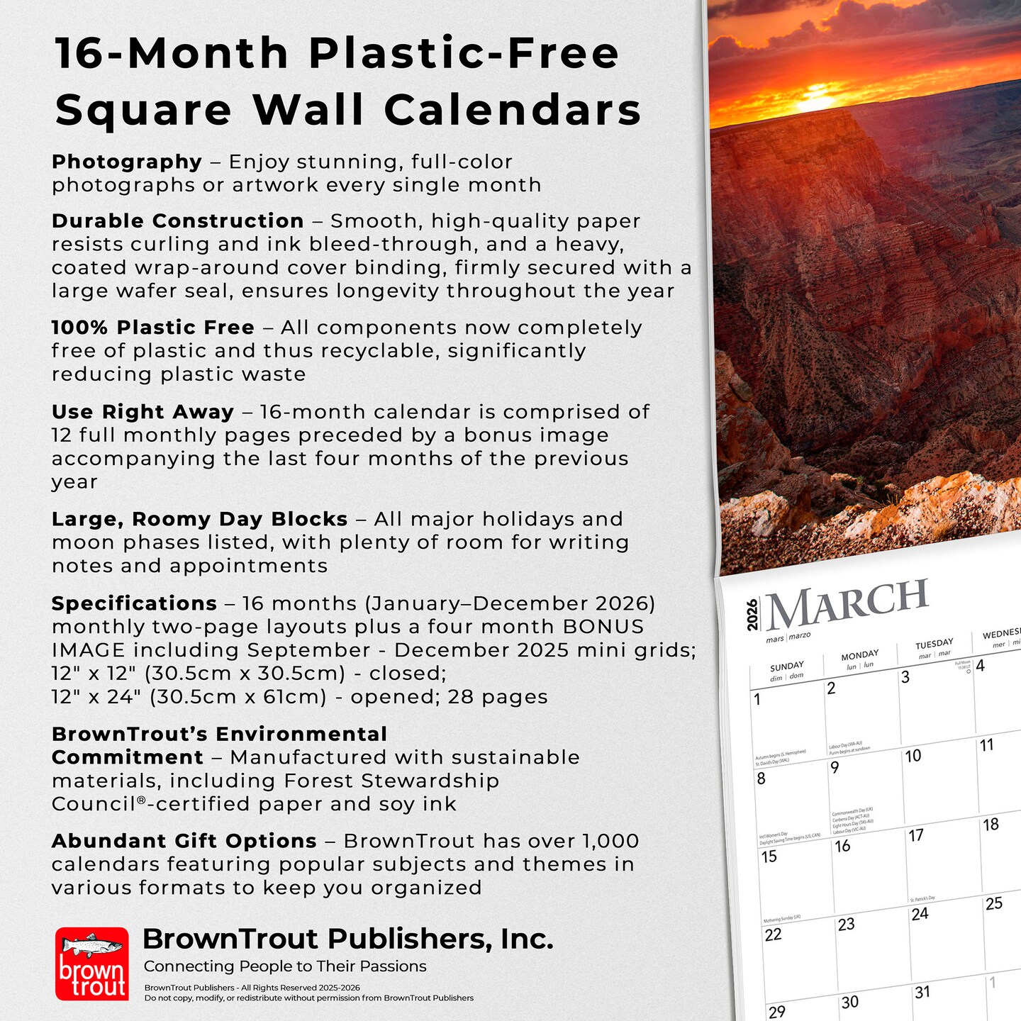 Sunrise Sunset | 2026 12 x 24 Inch (Hanging) Monthly Square Wall Calendar | Plastic-Free