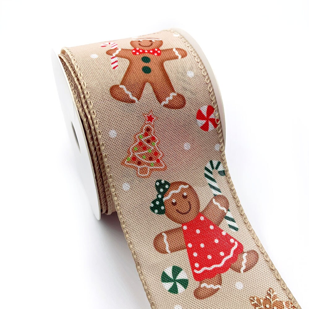 Designer&#x2019; Shop WR 63-5220 Christmas Gingerbread Wired Edge Ribbon &#x2013; 2.5&#x22; x 10 Yards &#x2013; Tan Burlap with charming Gingerbread Candy Canes &#x26; Holiday Icons