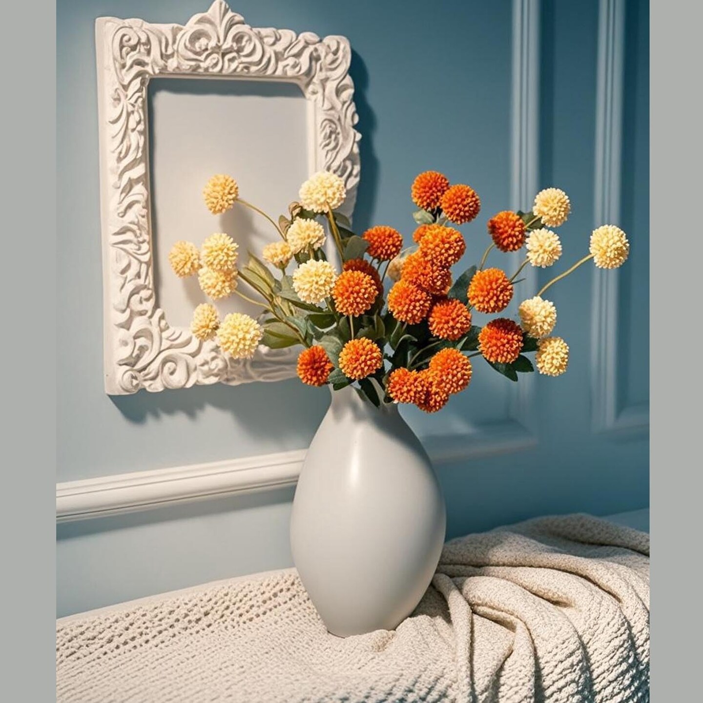 Pompon Mum Artificial Flowers, Orange Silk Faux Chrysanthemum Balls Fall Mini Chrysanth