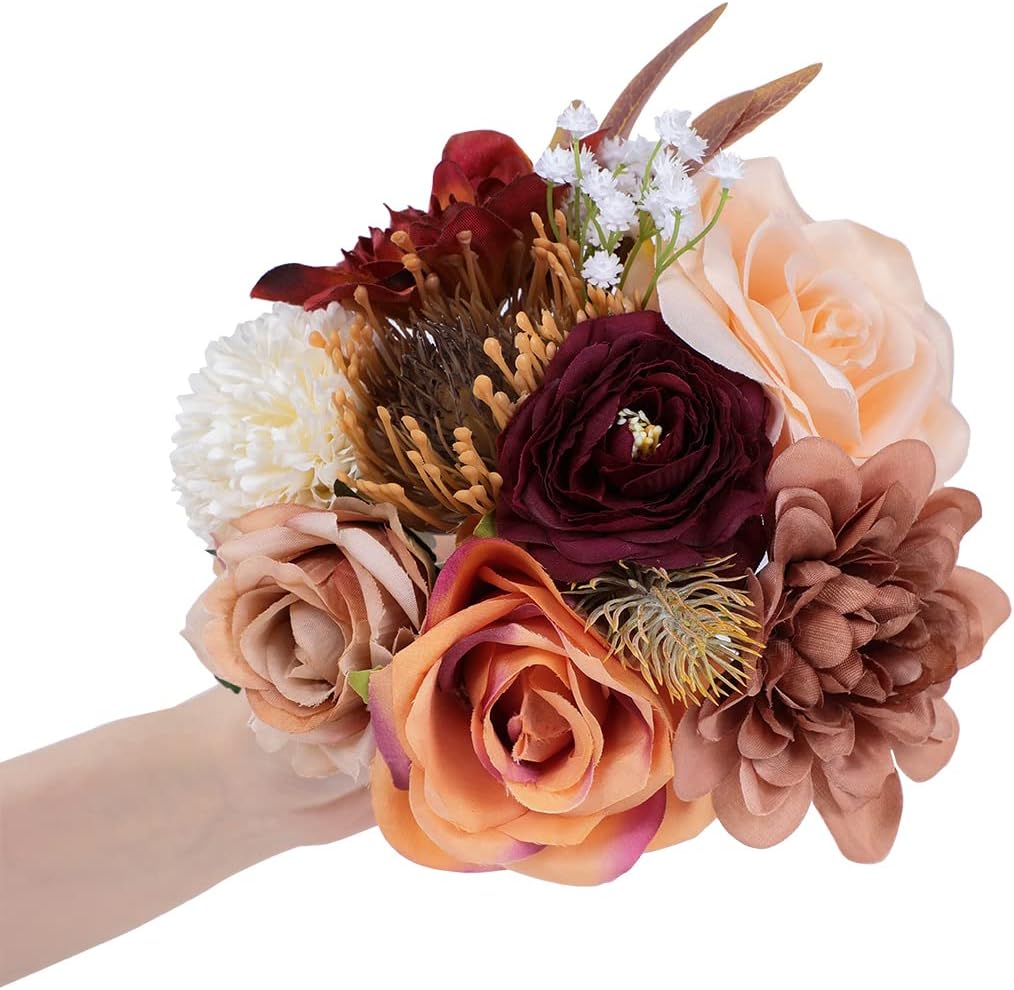 Wedding Bouquets for Bridesmaids Bride Burnt Orange Artificial Dahlia Handmade Silk Rose Bouquet Holding Flowers for DIY Arrangement