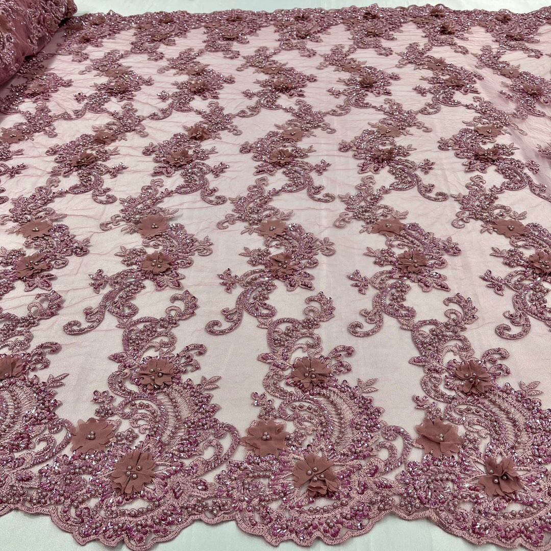 1 Yard Sage 3D Beaded Floral Embroidered Lace Fabric on Polyester Mesh, 52&#x201D; Wide