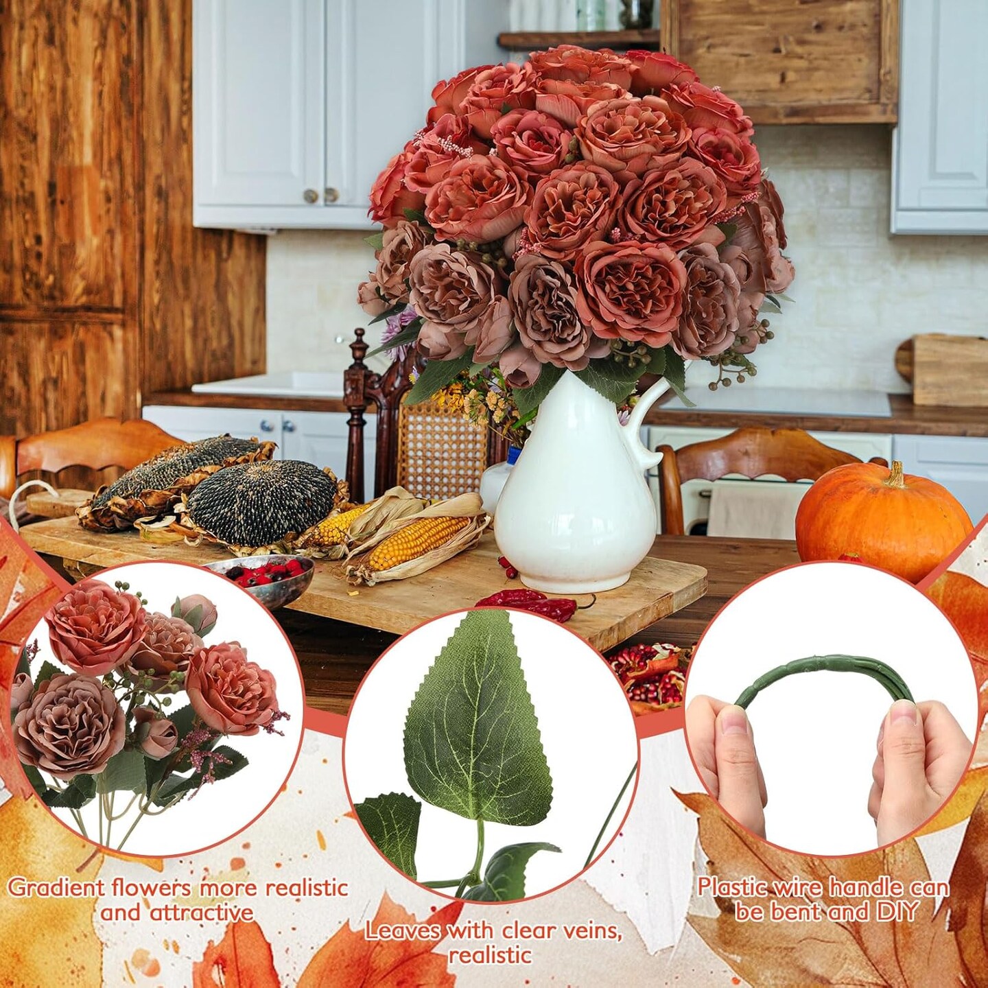 16 Bundles Artificial Peonies Flowers - Orange, Brown