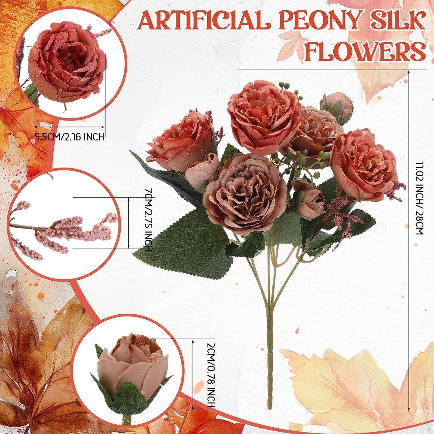 16 Bundles Artificial Peonies Flowers - Orange, Brown
