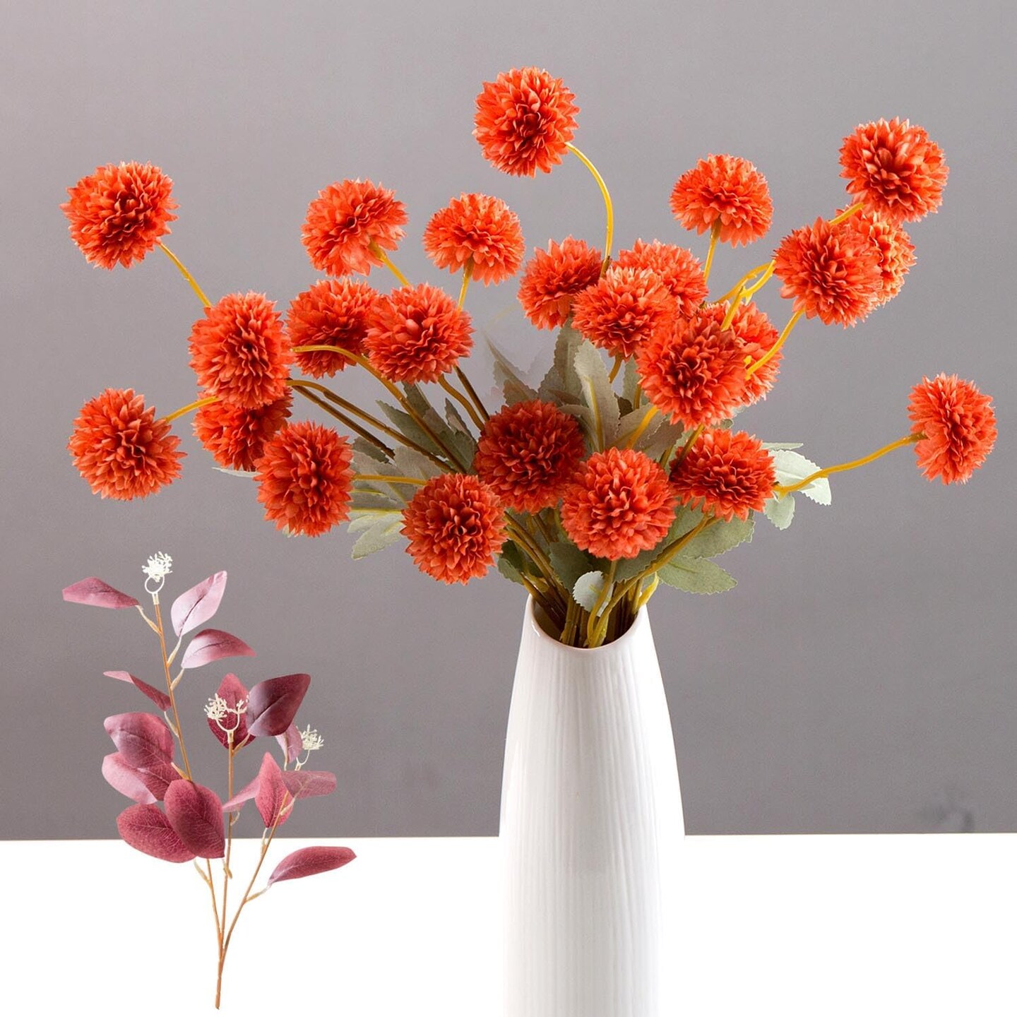 Pompon Mum Artificial Flowers, Orange Silk Faux Chrysanthemum Balls Fall Mini Chrysanth