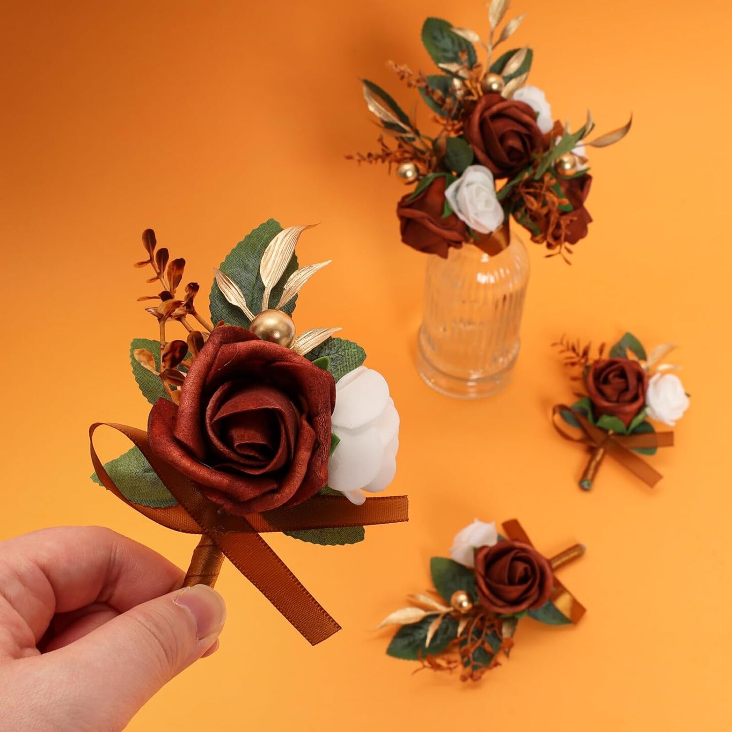 6 pcs Burnt Orange Boutonniere Flowers
