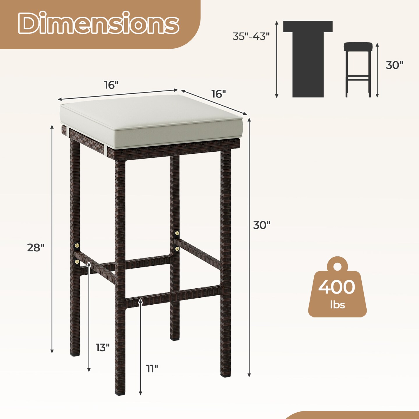 Set of 2 Patio Wicker Bar Stools with Seat Cushions and Footrest