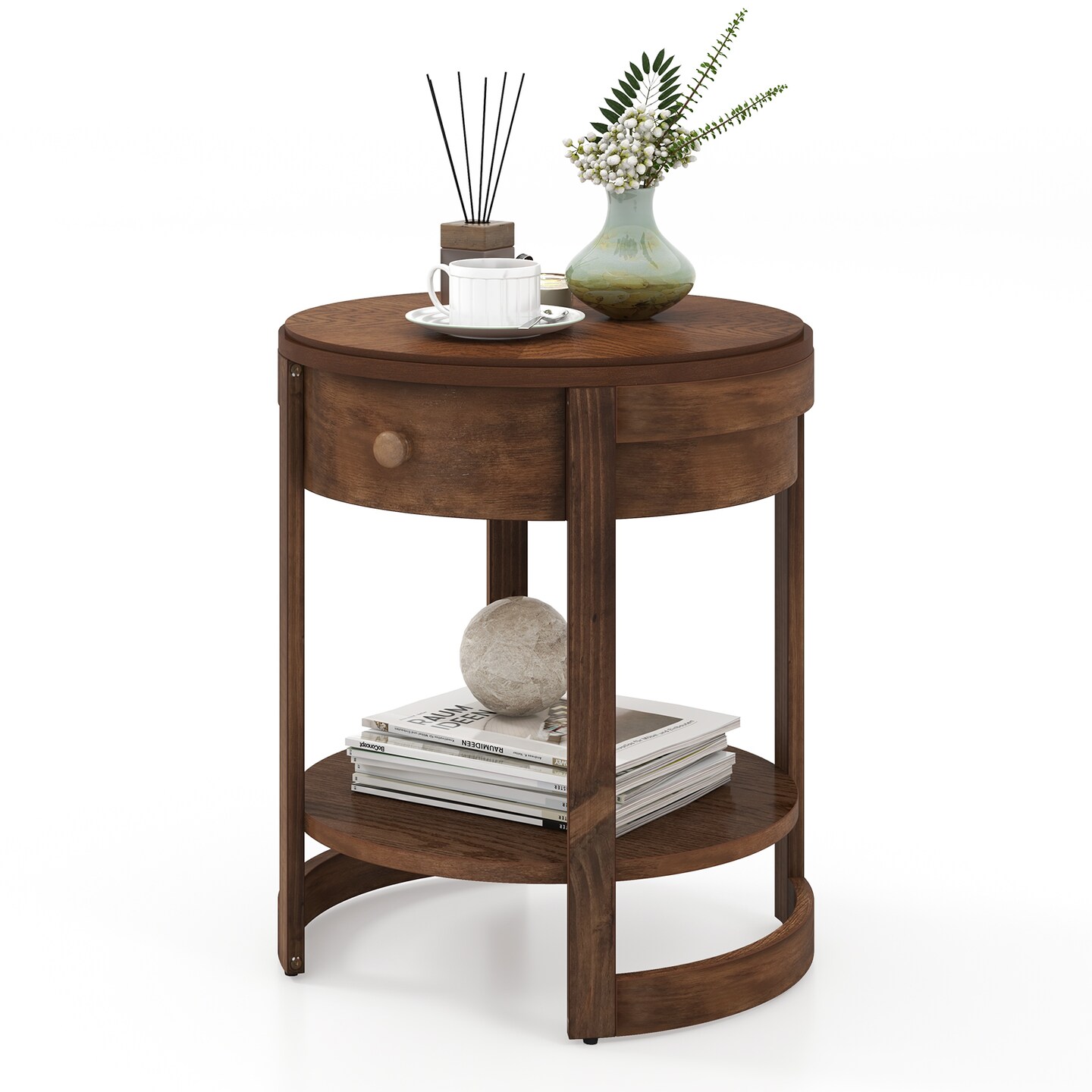 Brown 2-Tier Round Nightstand End Table with Drawer and Shelf - 19.5&#x22; x 19.5&#x22; x 24&#x22;