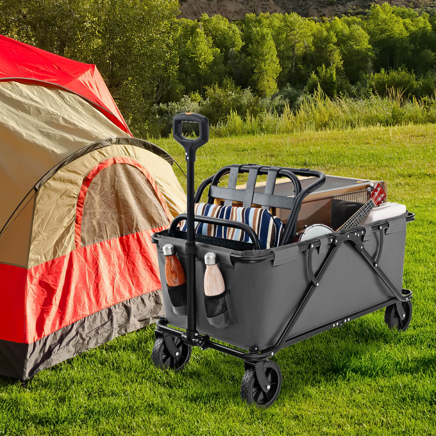 Costway Heavy-Duty Wagon Cart with Adjustable Handlebar Bottle Holders &#x26; Storage Pocket Coffee/Grey