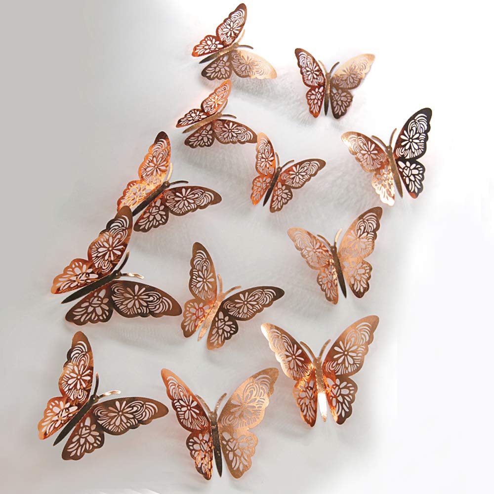 FOMTOR 3D Butterfly Wall Stickers Rose Gold Butterfly Decorations for Home Decor Cake Decorations Room Decorations Party Wedding Decor (24 Pcs)