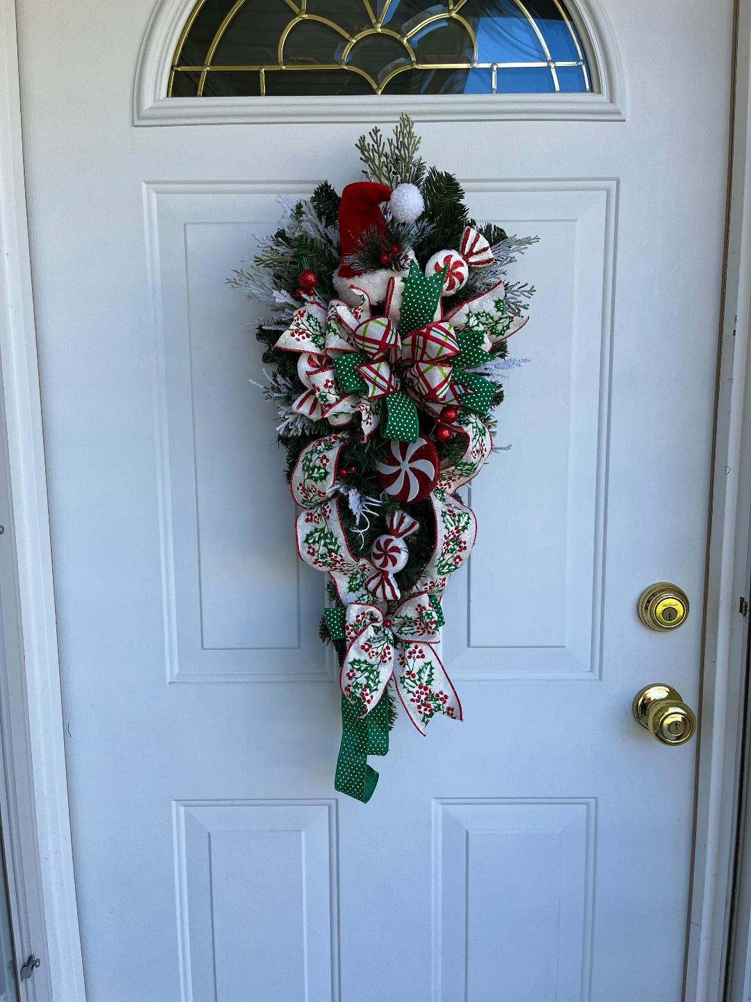 Holiday door swag, Vertical Christmas wreath, teardrop Christmas