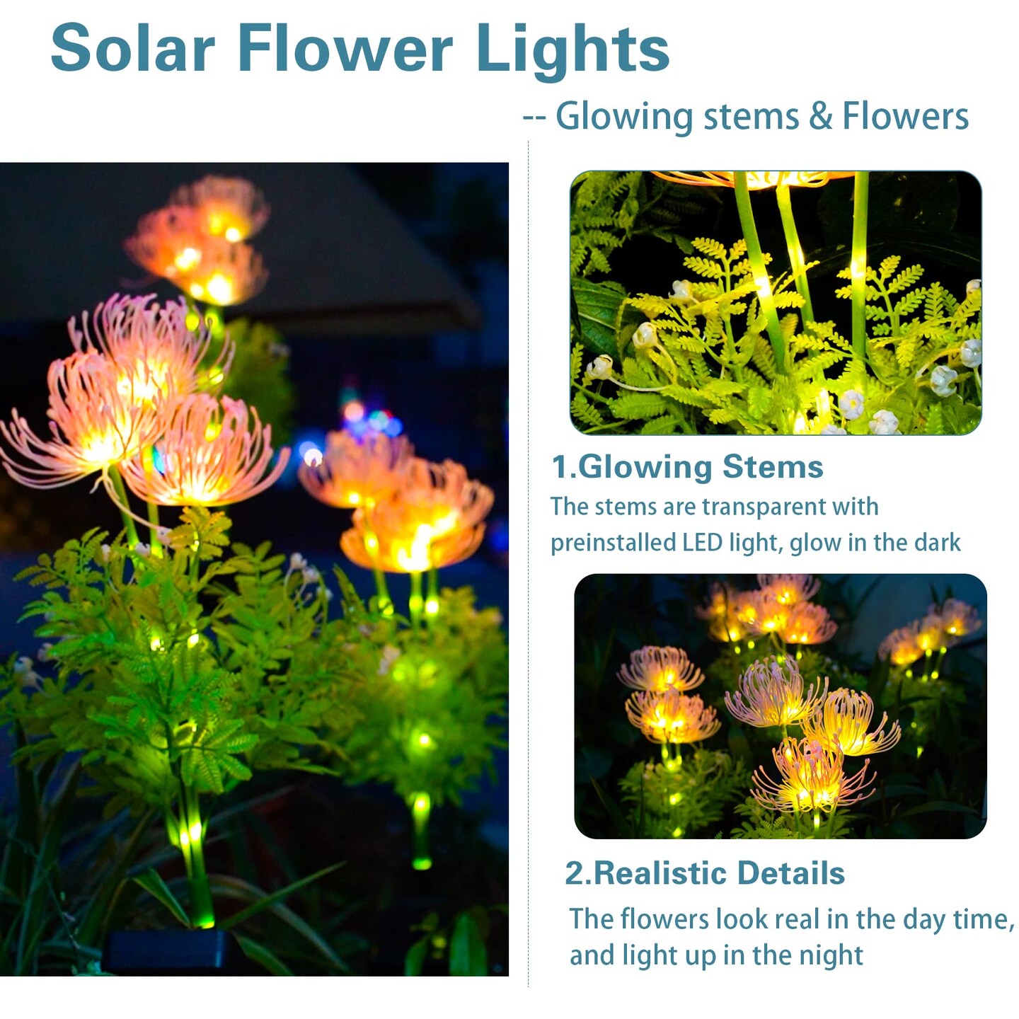 DooYard Solar Garden Lights, Solar Flowers Lights with Glowing Flowers &#x26; Stems, Upgraded Solar Panel, Solar Lights Outdoor for Garden Decoration,Yard Decor and Gift for Mother (2 Pack)