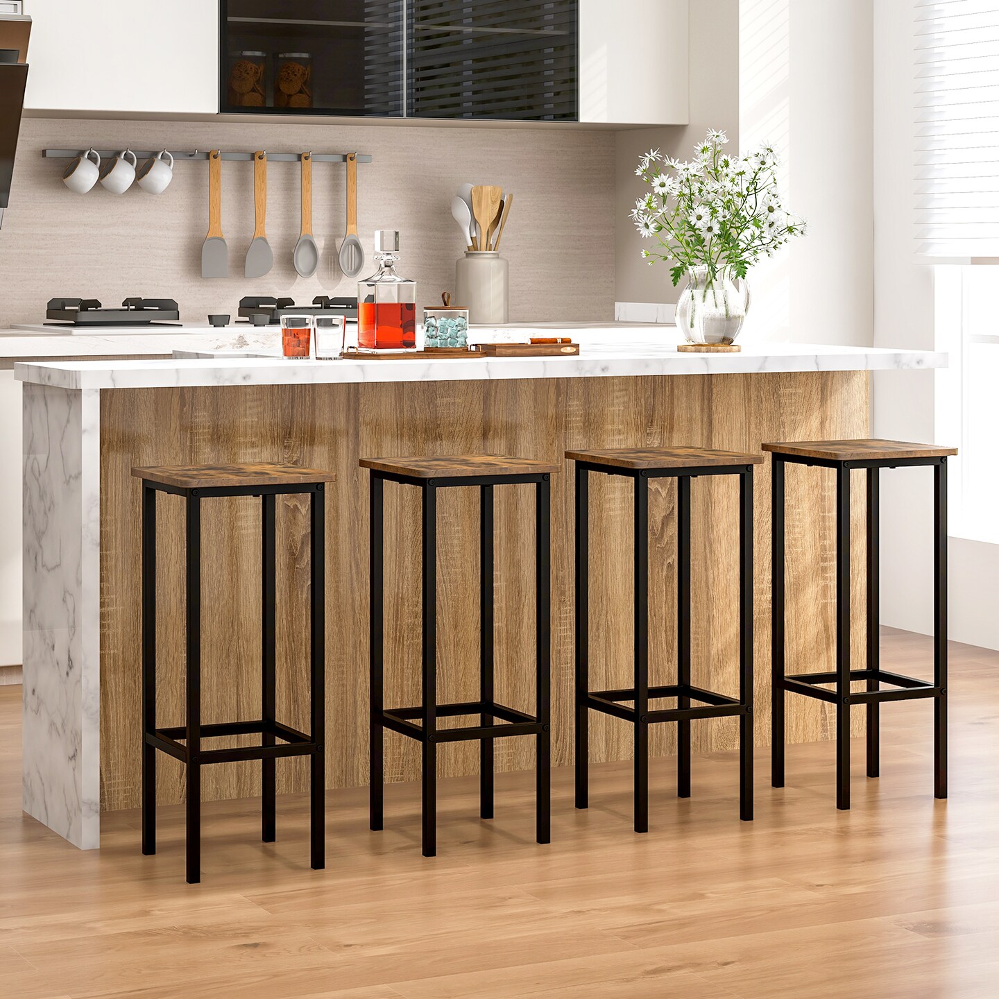 4-Piece Bar Stool Set with Coffee Upholstery and Metal Legs with Footrest - 12&#x22; x 12&#x22; x 28&#x22;