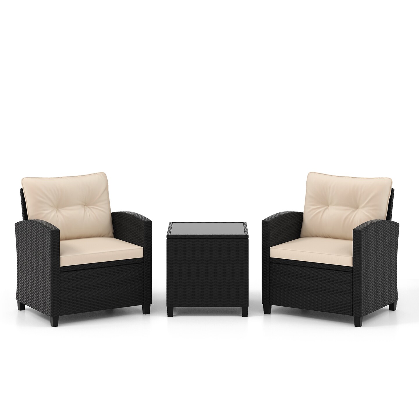 3-Piece PE Rattan Outdoor Furniture Set with Tempered Glass Table and Cushioned Armchairs