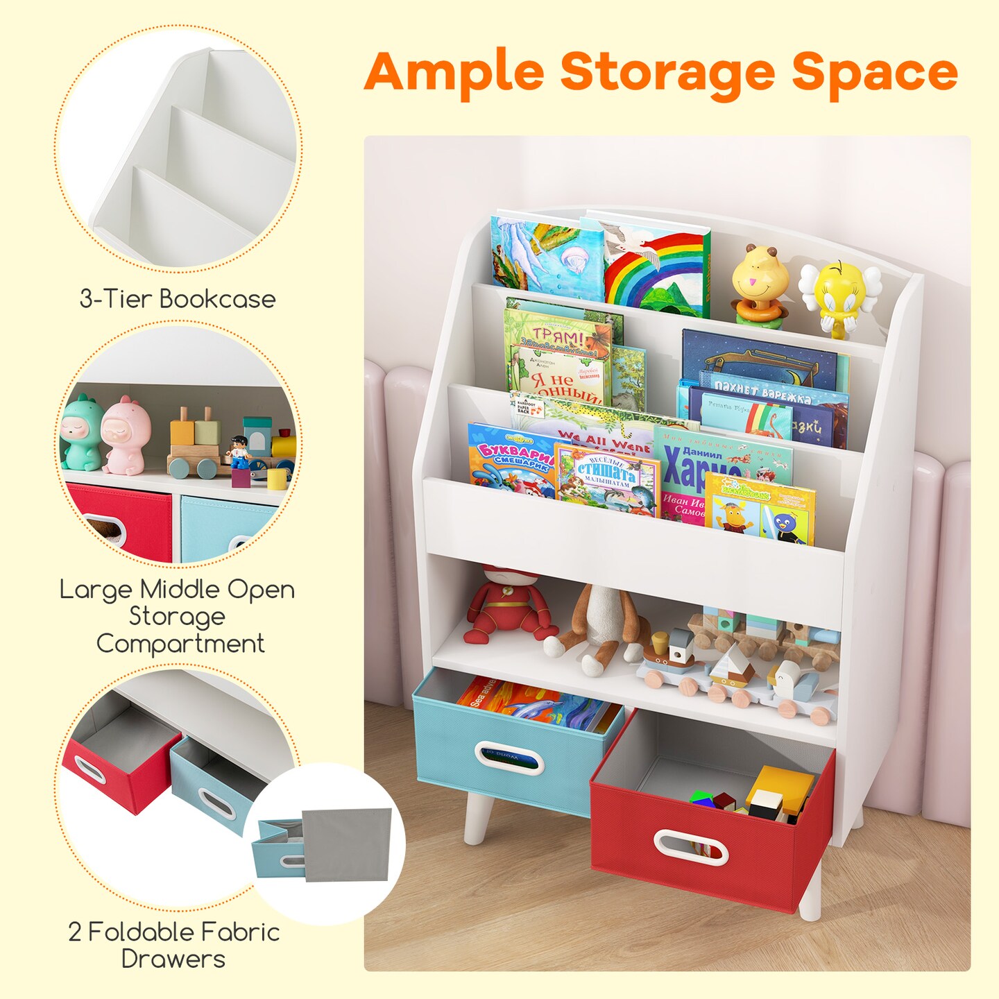 Toddlers Bookshelf with Open Compartment and Two Fabric Drawers - 25&#x22; x 12&#x22; x 36&#x22;