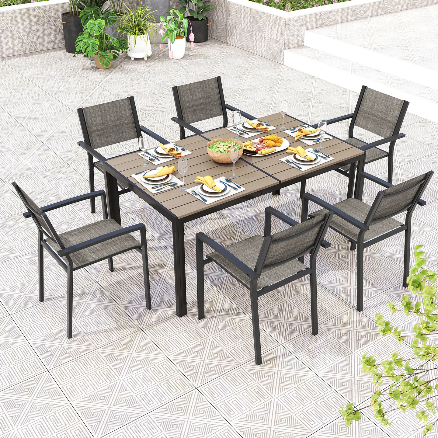 Set of 6 Stackable Patio Chair with Breathable Fabric Seat - 24&#x22; x 21.5&#x22; x 34&#x22; (L x W x H)