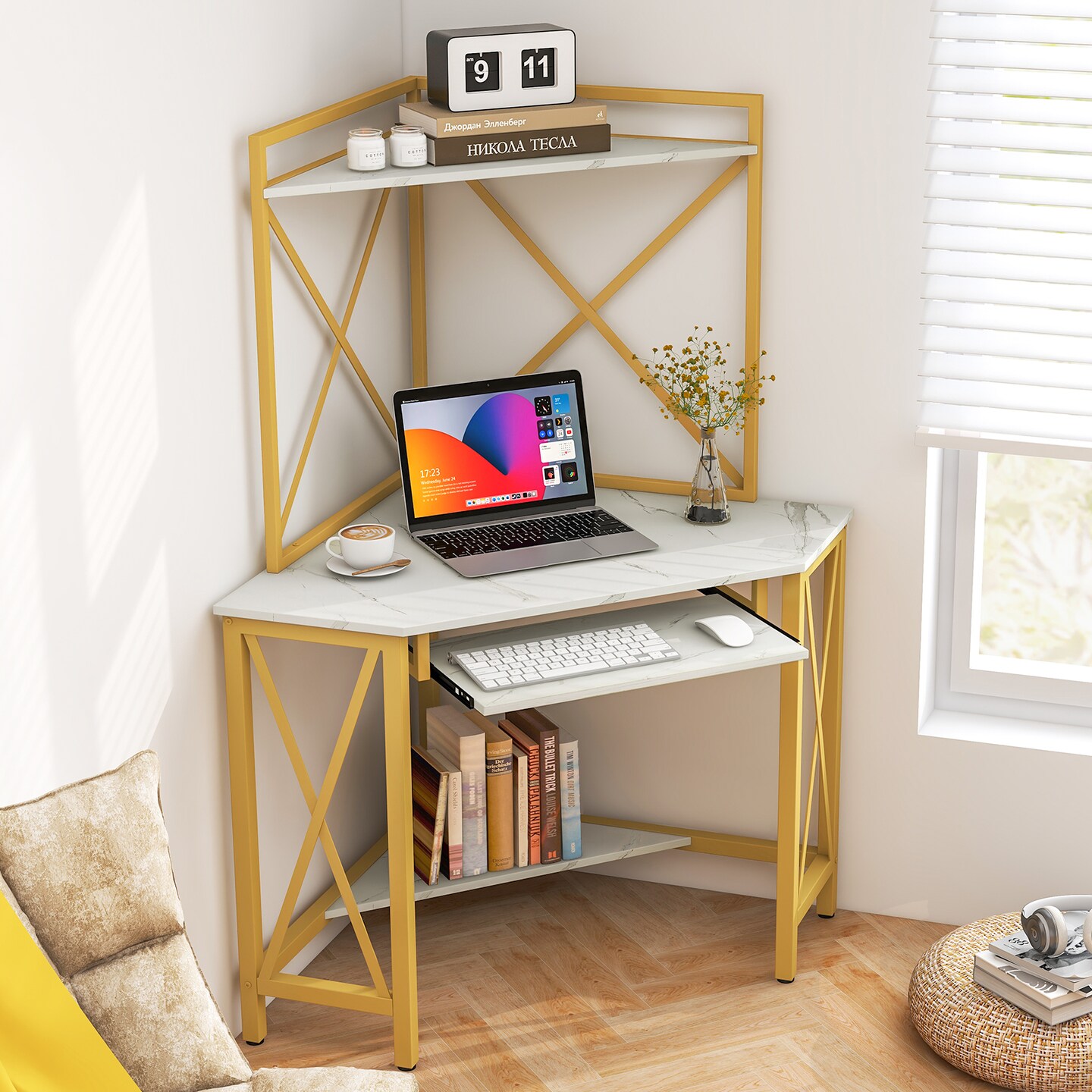 Space-Saving Corner Computer Desk with with Hutch and Keyboard Tray