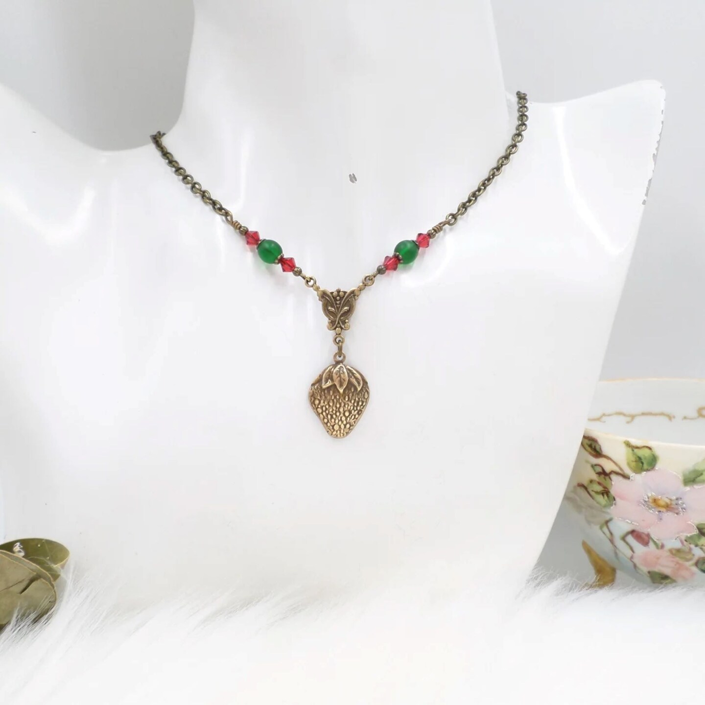 Brass Strawberry Necklace, Cottagecore Necklace, Small Petite Handmade Beaded Jewelry, Nature Lover Gift, Goblincore Aesthetic, Green Red product 7