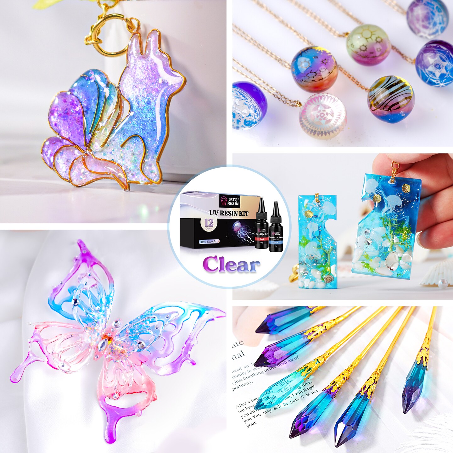 LET&#x27;S RESIN UV Resin, 12Colors Ultraviolet Epoxy Resin Clear, Odorless &#x26; Low Shrinkage UV Resin Kit for Crafts, Jewelry Making, Decoration(20g Each)