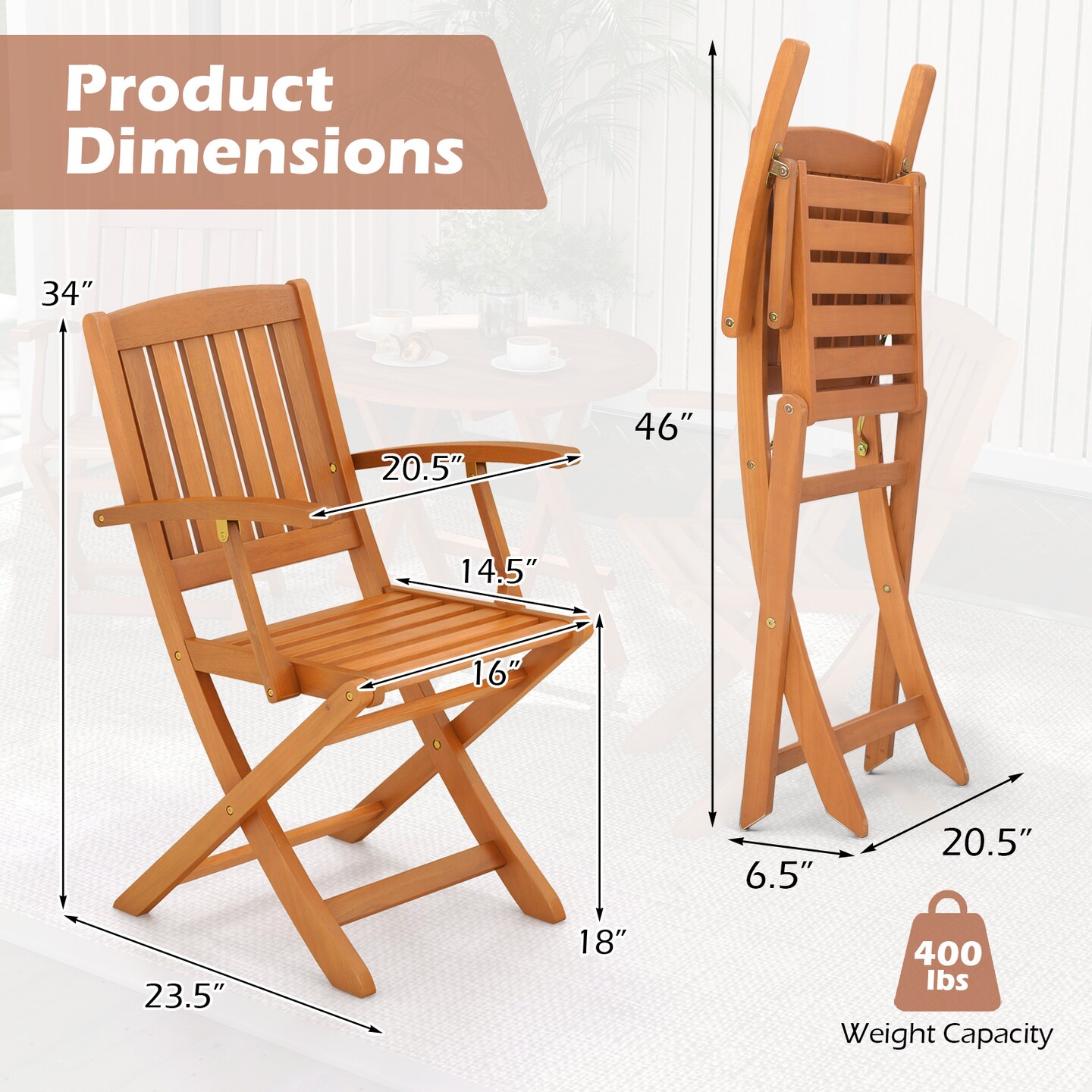 Set of 2 Foldable Natural Eucalyptus Wood Outdoor Dining Chairs for Deck and Yard