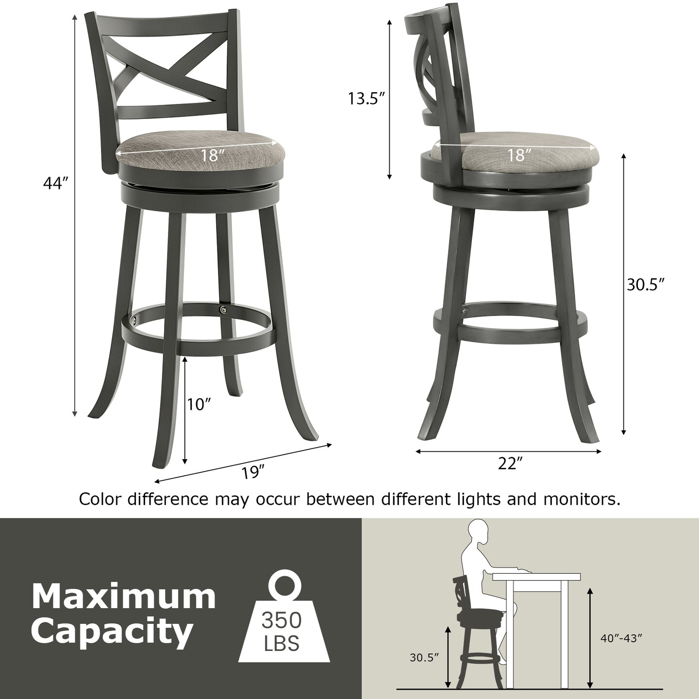 Swivel Bar Stools Set of 2 with Hollow Back and Soft-padded Seat