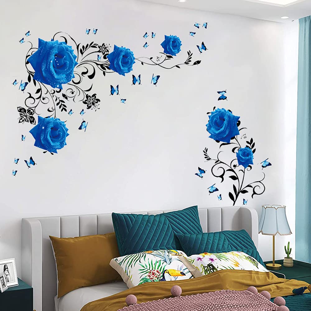 Supzone Blue Rose Wall Stickers Rose Flower Vine Wall Decal Blue Peony Floral Wall Decor DIY Vinyl Mural Art for Bedroom Living Room Sofa Backdrop TV Wall Decoration