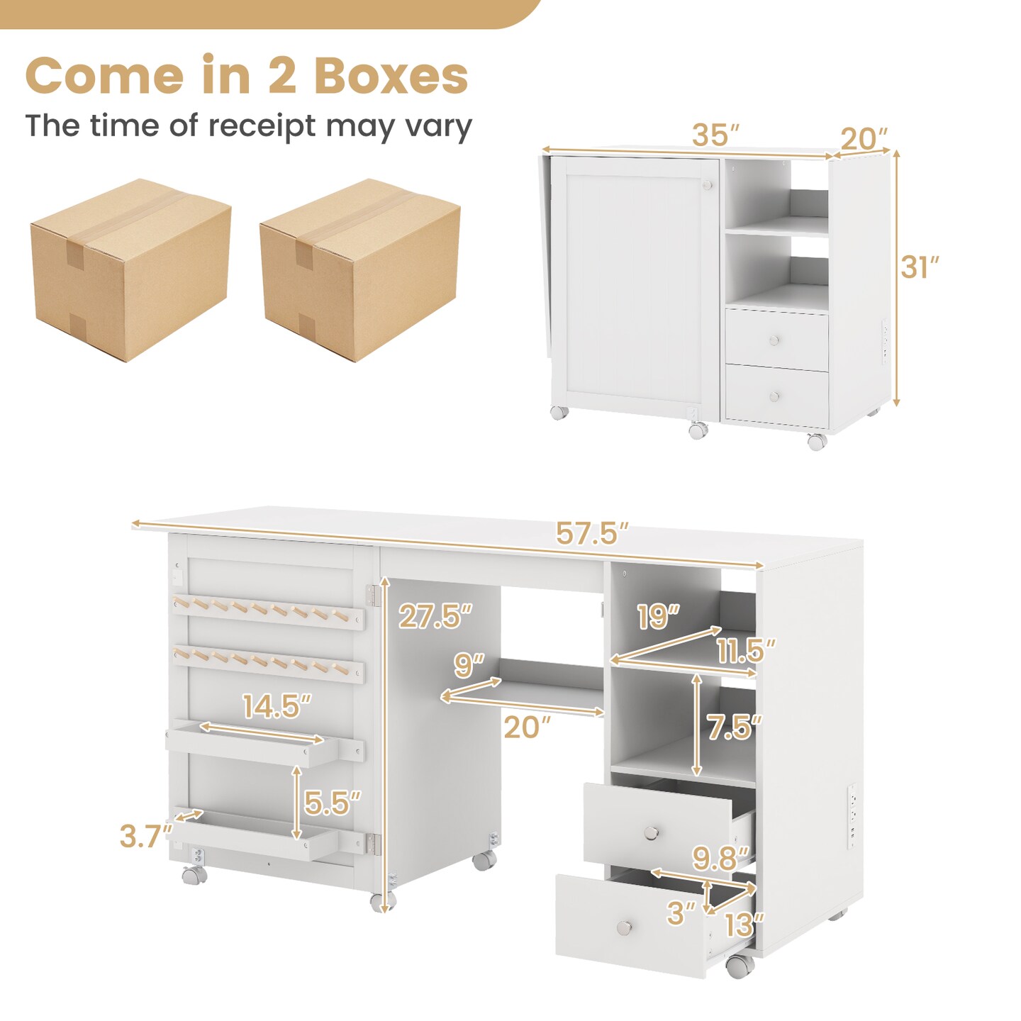 Folding Sewing Table with Storage Shelves and Charging Station