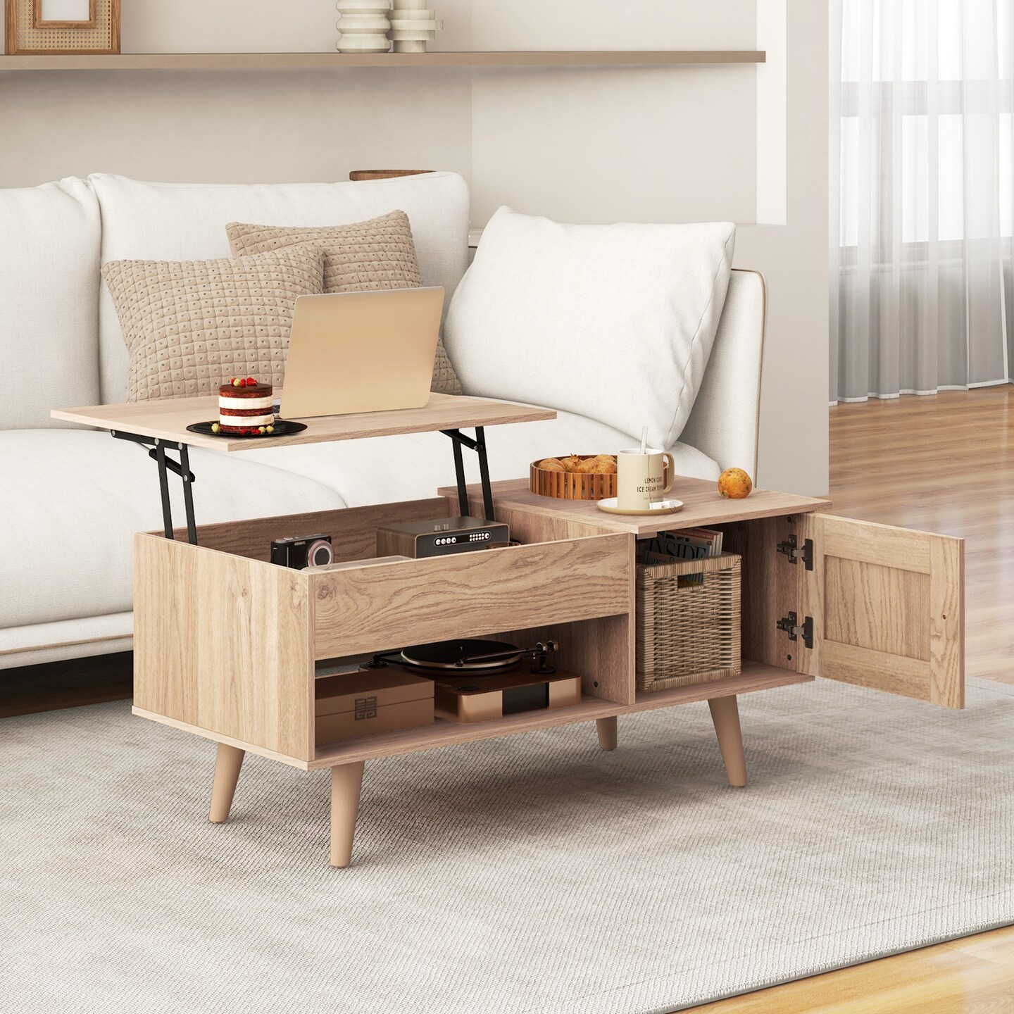 Modern Lift-Top Coffee Table with Hidden Compartment Open Shelf and Side Cabinet Wood Finish