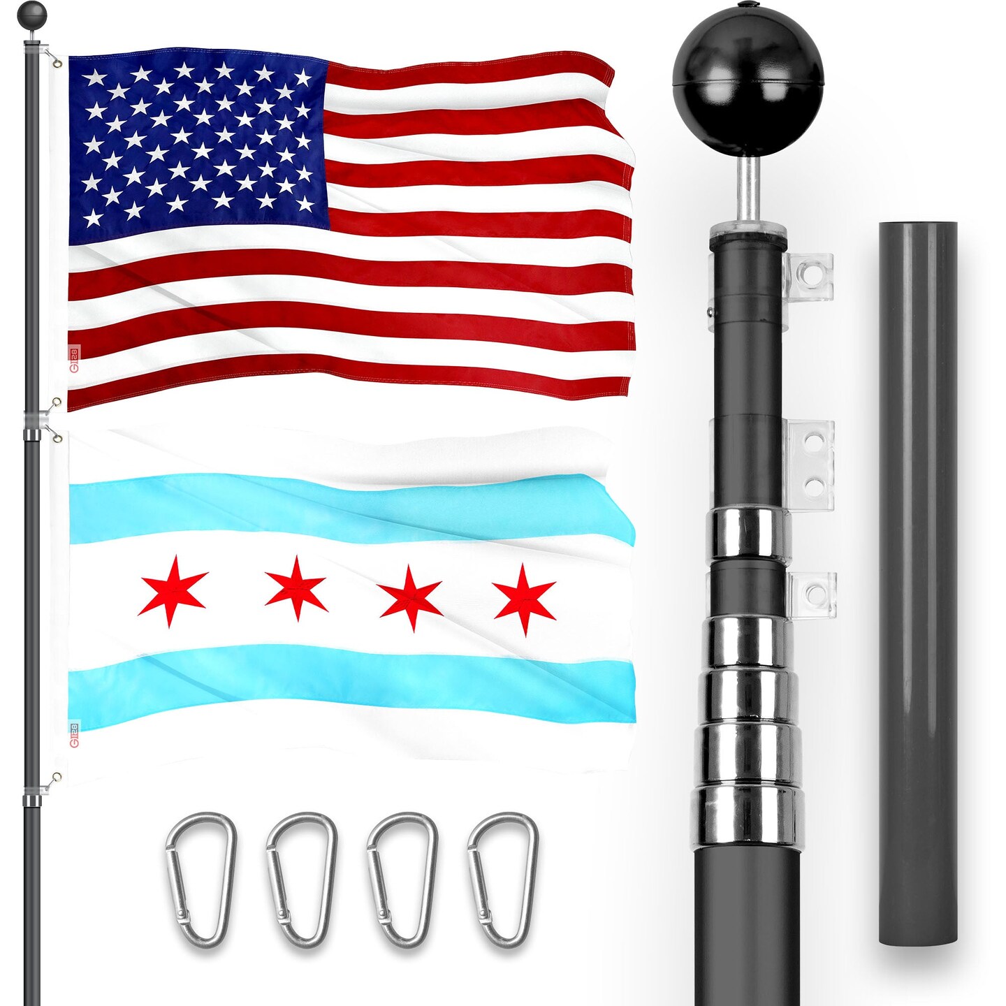 G128 Combo Pack: 20 Ft Telescoping Aluminum Flagpole (Black) &#x26; American and Chicago City Flags 3x5 Ft, Both ToughWeave Series Embroidered Polyester | Pole with Flags Included