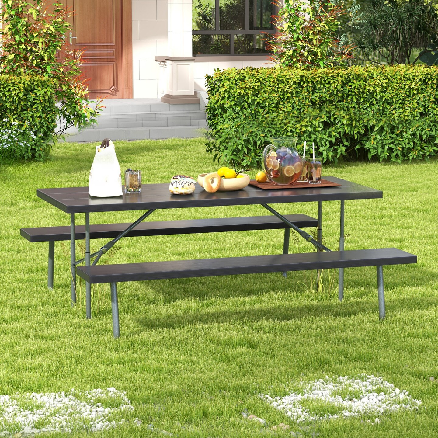 Folding Picnic Table Set with Metal Frame and All-Weather HDPE Tabletop, Umbrella Hole - 72&#x22; x 64&#x22; x 29&#x22; (L x W x H)